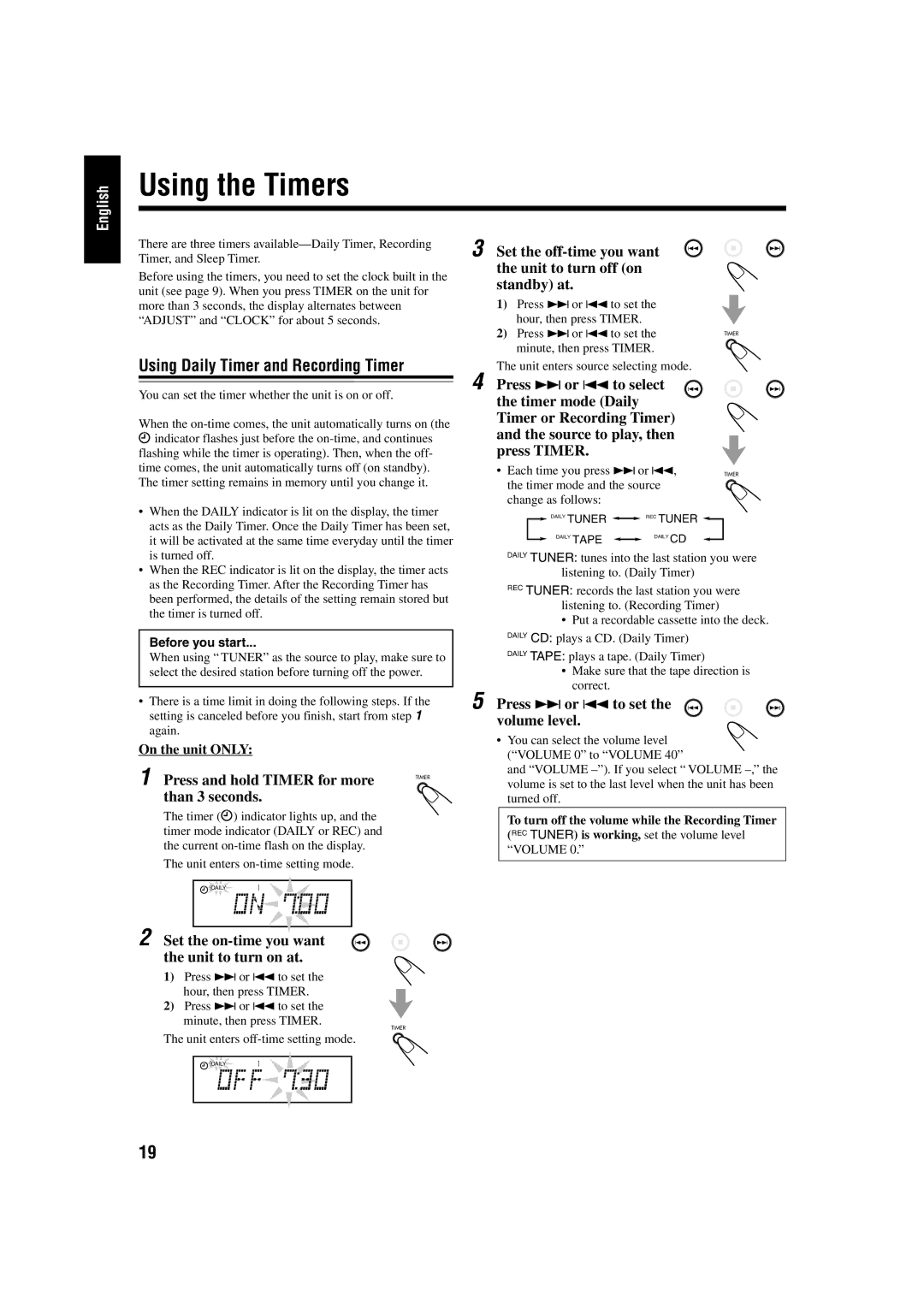 JVC UX-P30 manual Using the Timers, Using Daily Timer and Recording Timer 