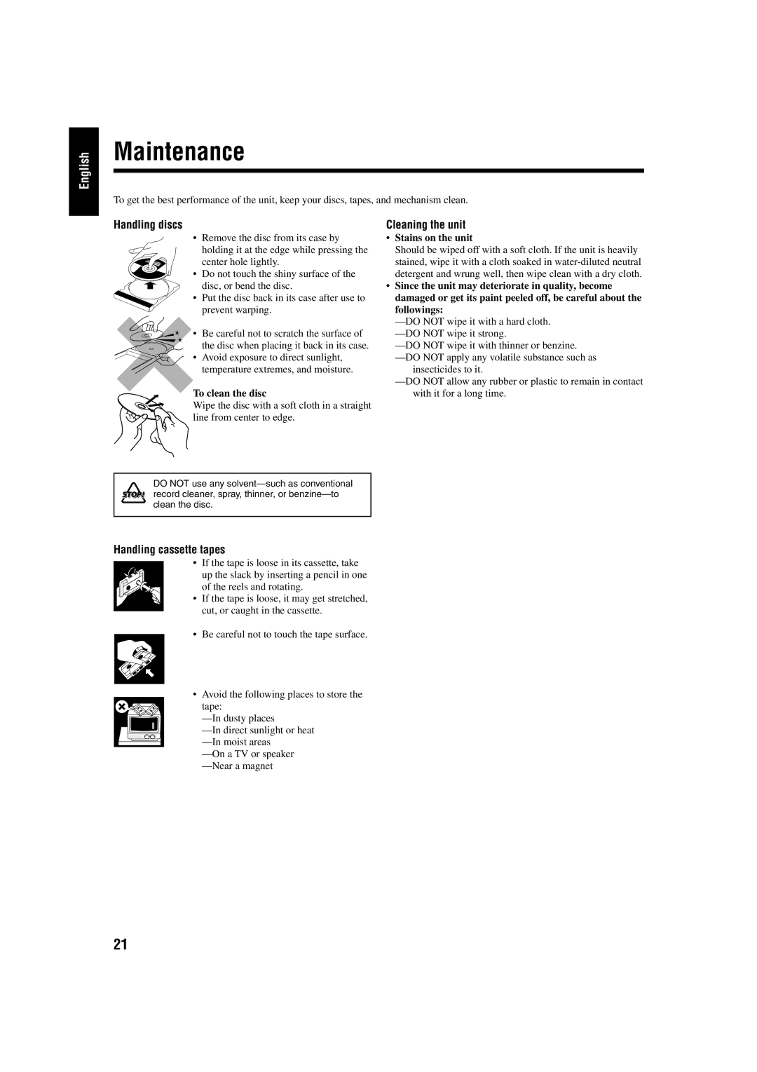 JVC UX-P30 manual Maintenance, Handling discs Cleaning the unit, Handling cassette tapes 