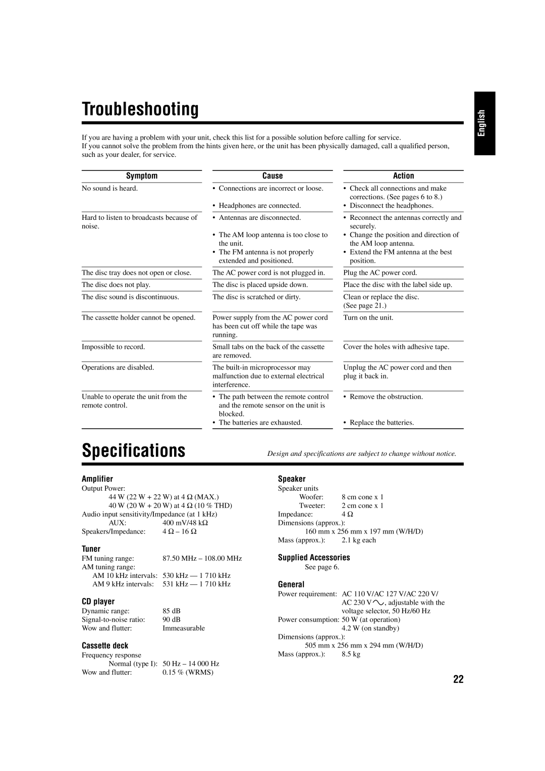 JVC UX-P30 manual Troubleshooting, Specifications 