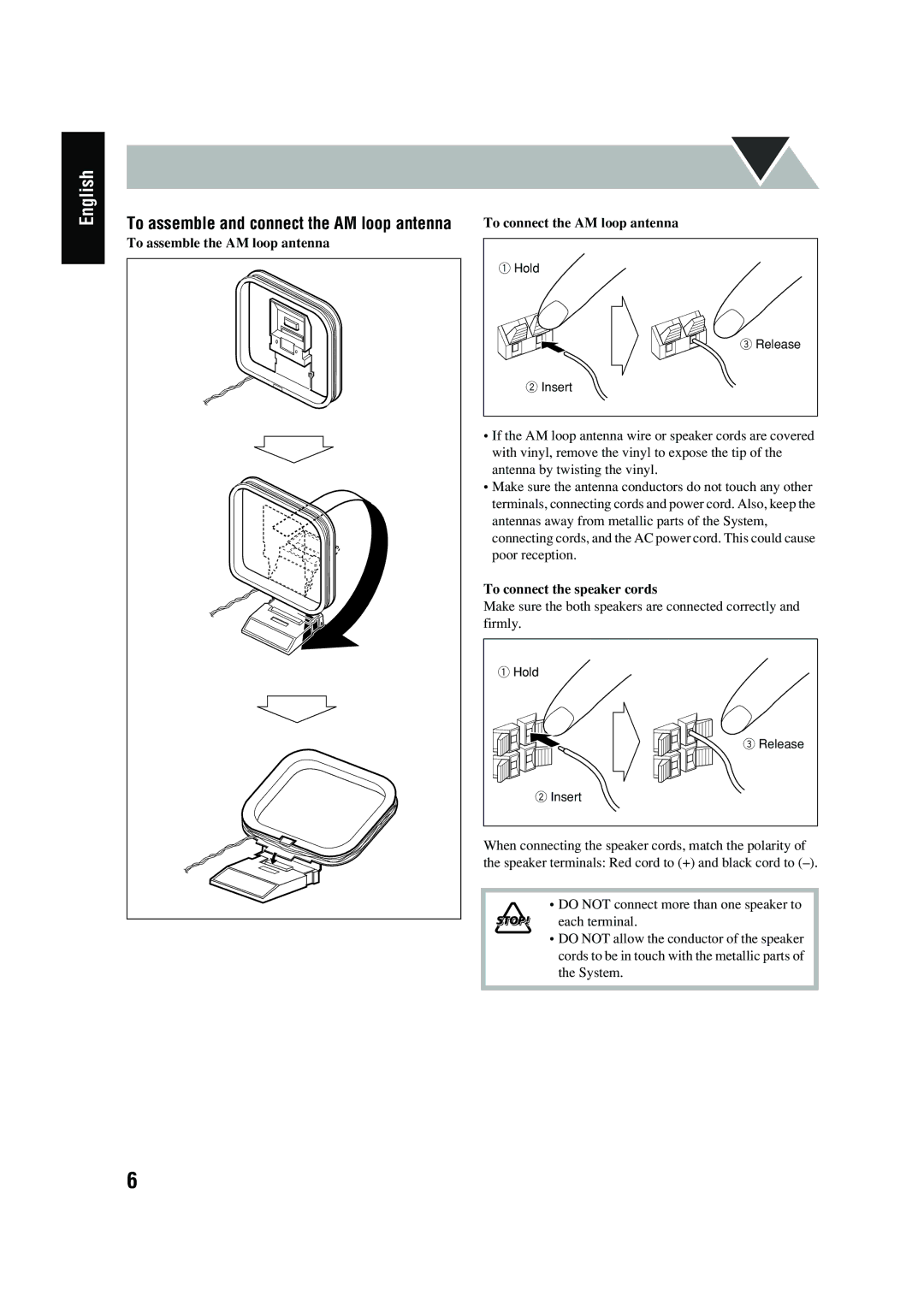 JVC UX-P400 manual To assemble and connect the AM loop antenna, To connect the speaker cords 