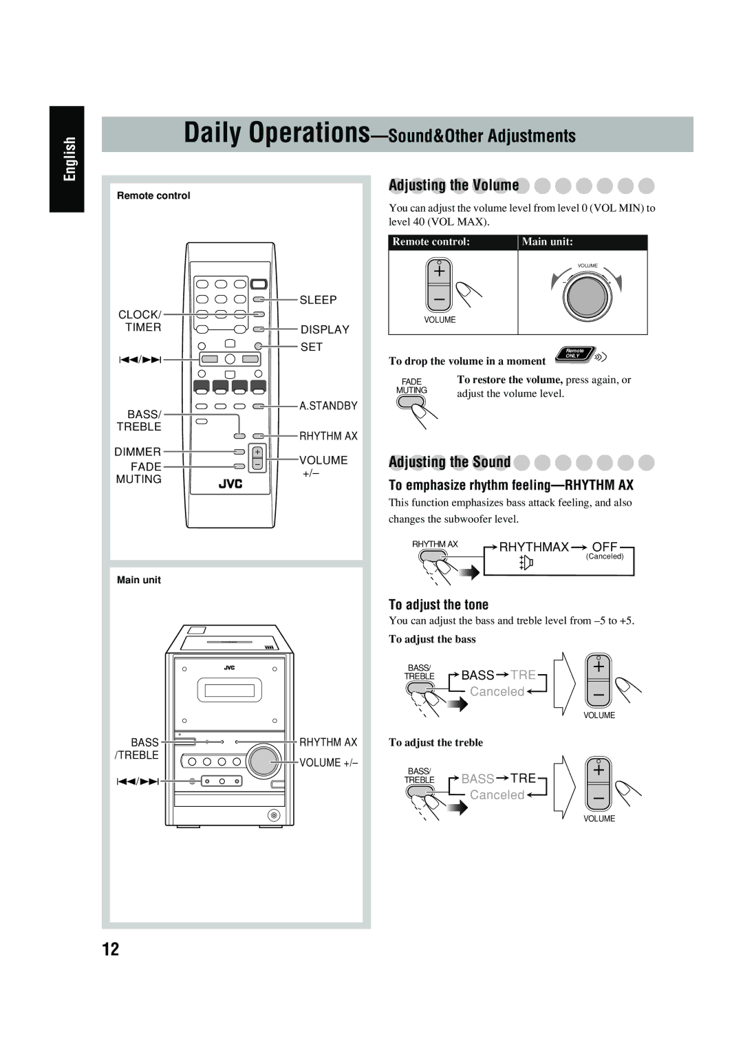 JVC UX-P400 manual Adjusting the Volume, Adjusting the Sound, To emphasize rhythm feeling-RHYTHM AX, To adjust the tone 