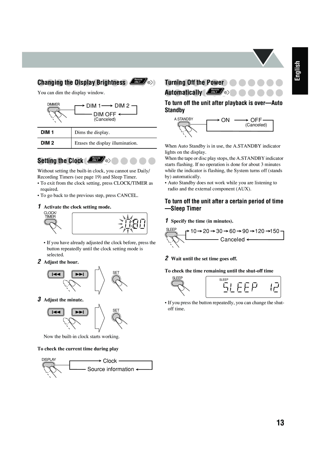 JVC UX-P400 manual Turning Off the Power, Automatically only, Changing the Display Brightness, Sleep Timer 