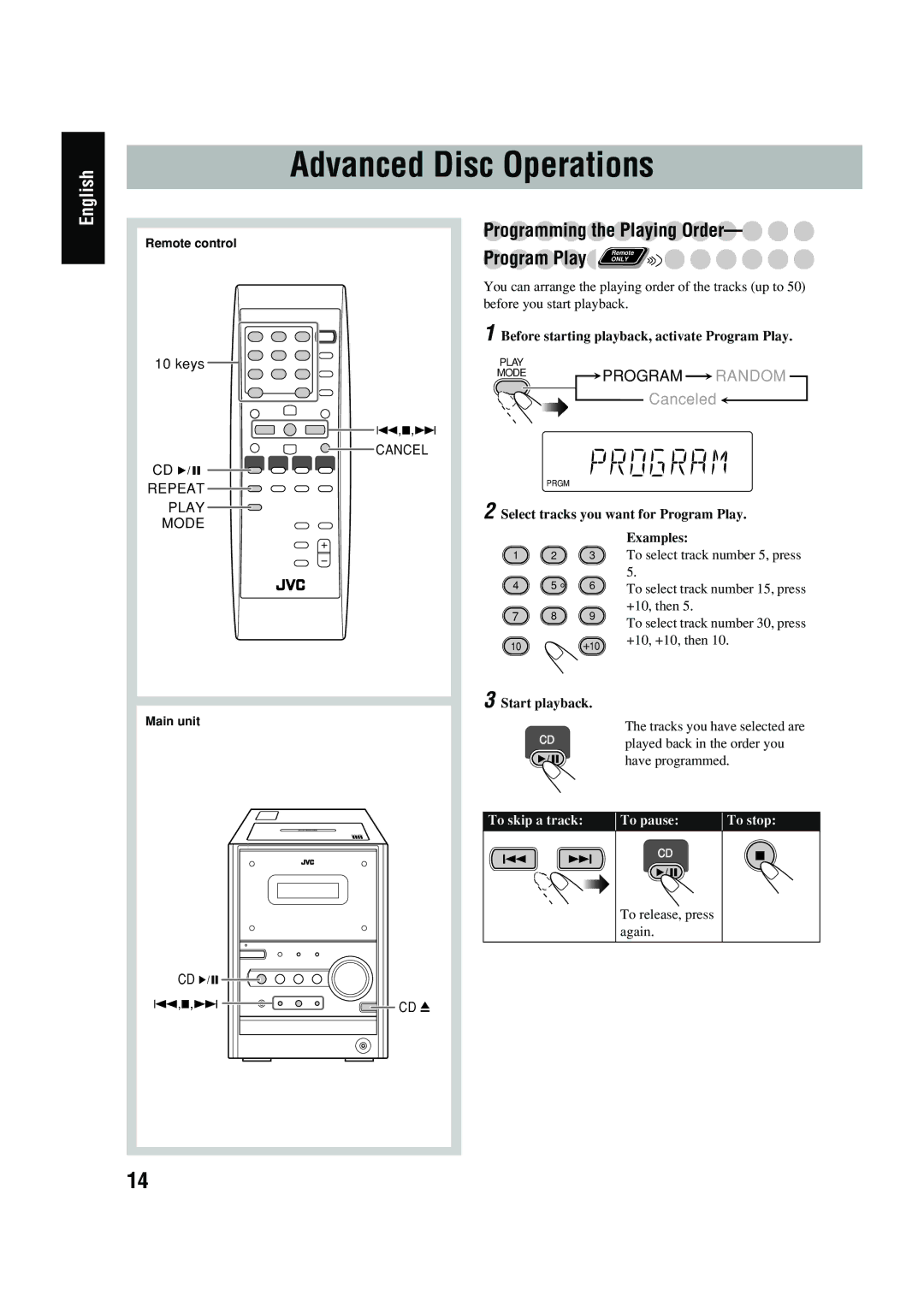 JVC UX-P400 manual Advanced Disc Operations, Programming the Playing Order, Before starting playback, activate Program Play 