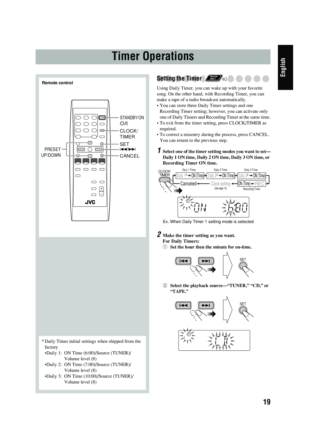 JVC UX-P400 manual Timer Operations, Select the playback source-TUNER, CD, or Tape 