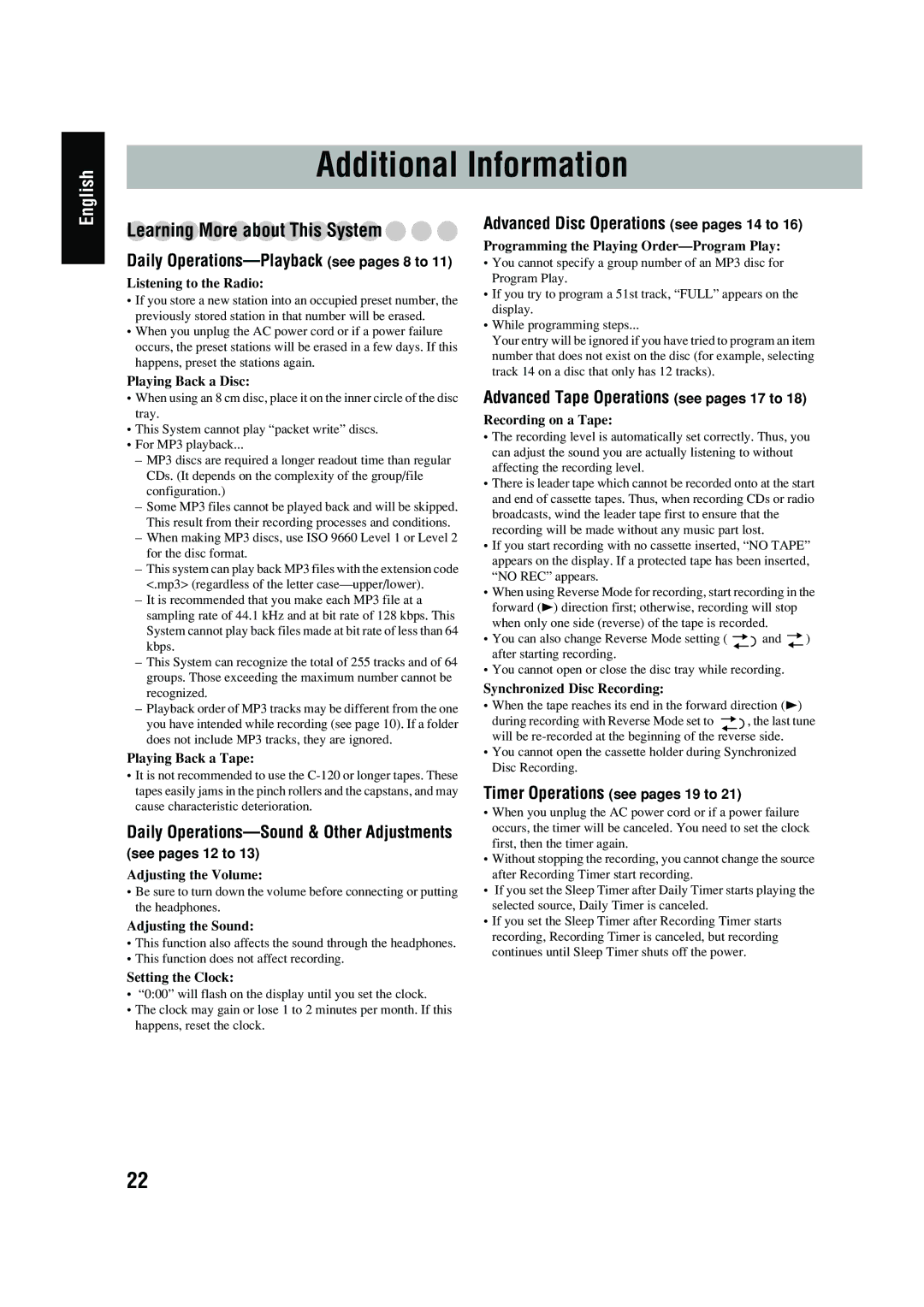 JVC UX-P400 Additional Information, Advanced Disc Operations see pages 14 to, Advanced Tape Operations see pages 17 to 