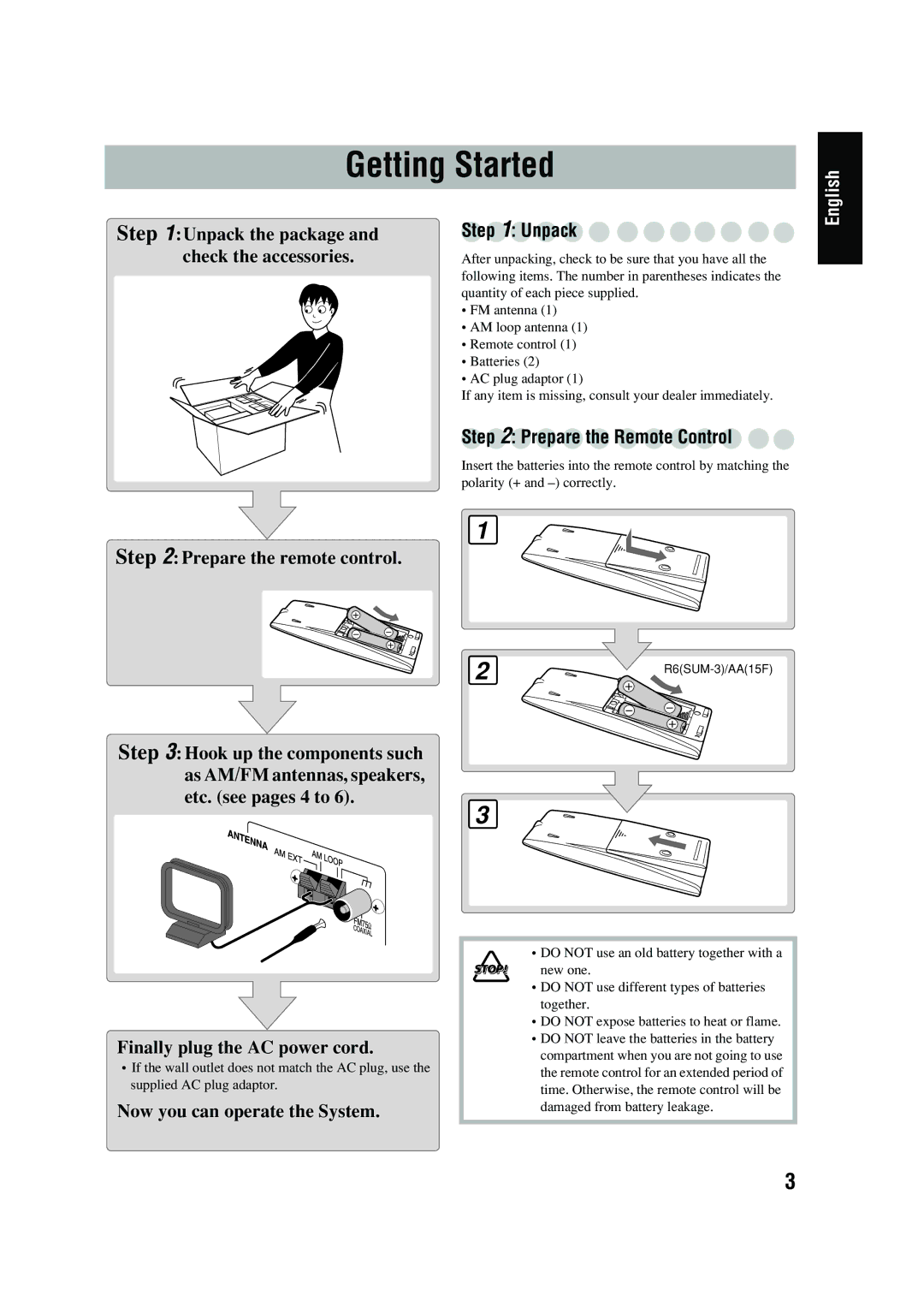 JVC UX-P400 manual Getting Started, Unpack, Prepare the Remote Control 