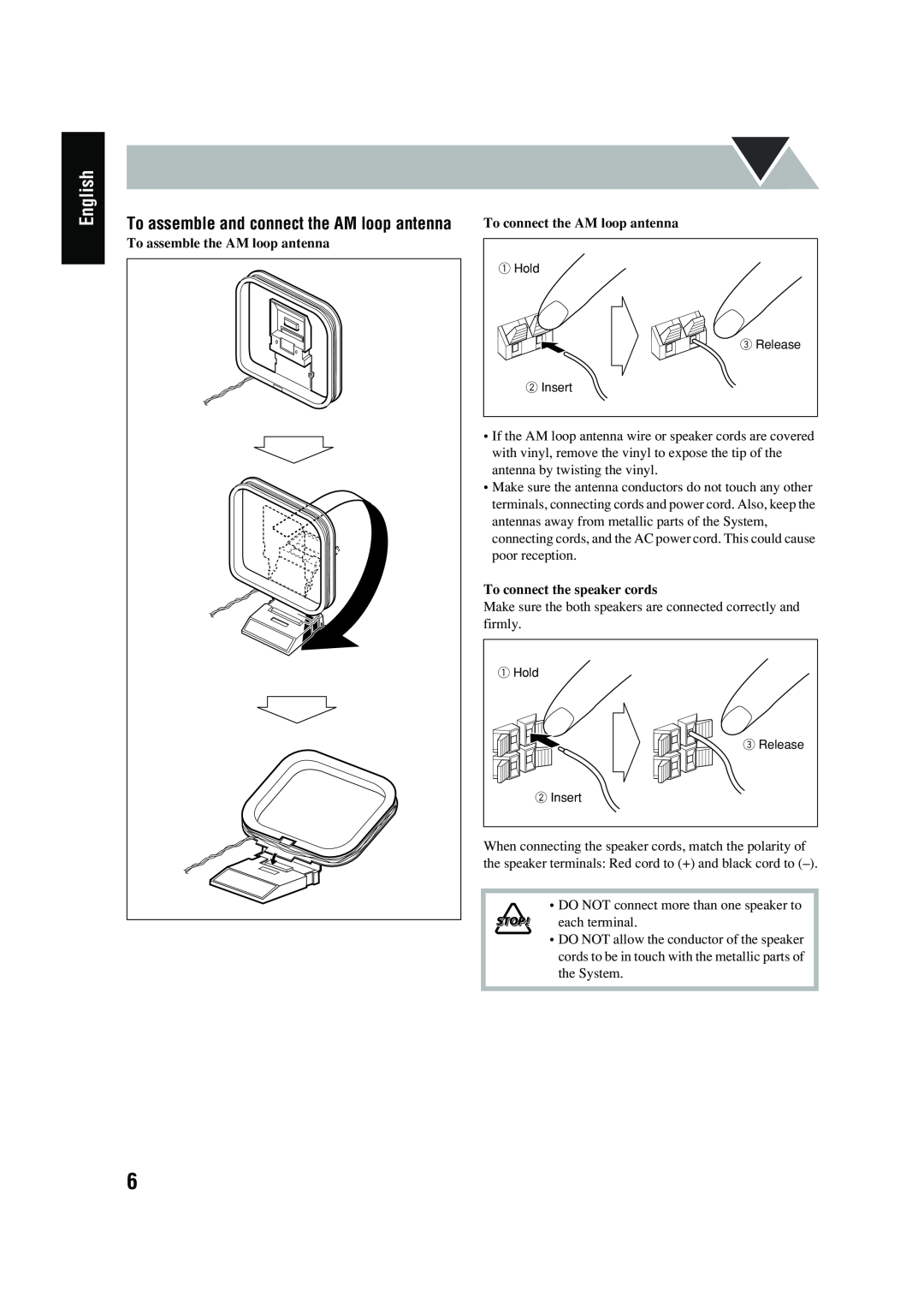 JVC UX-P400 manual English, To assemble and connect the AM loop antenna, To assemble the AM loop antenna 