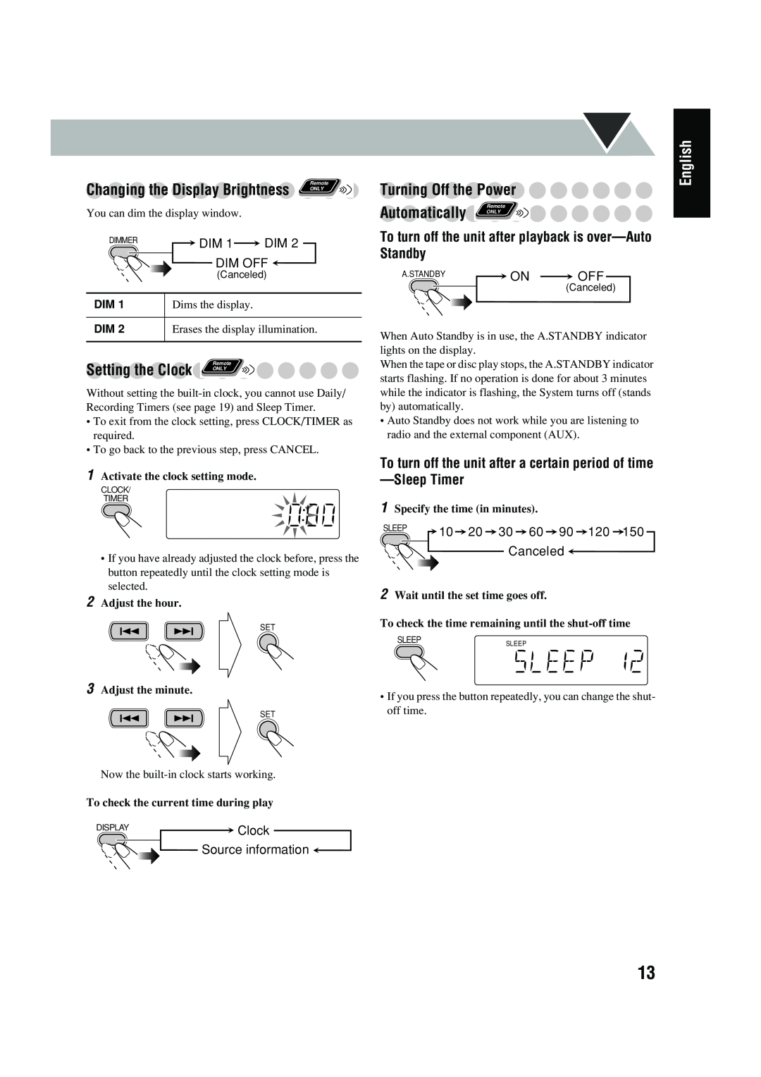 JVC UX-P400 manual Turning Off the Power, Automatically ONLY, English, Changing the Display Brightness, SleepTimer 
