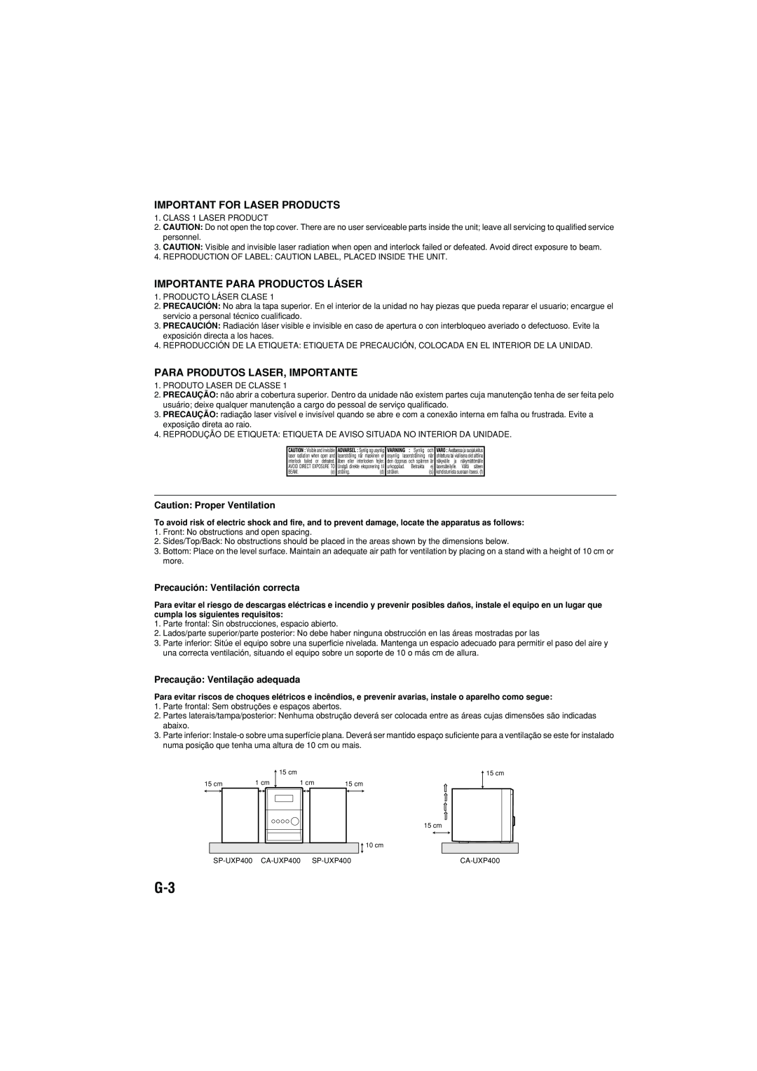 JVC UX-P400 manual Important For Laser Products, Importante Para Productos Láser, Para Produtos Laser, Importante 