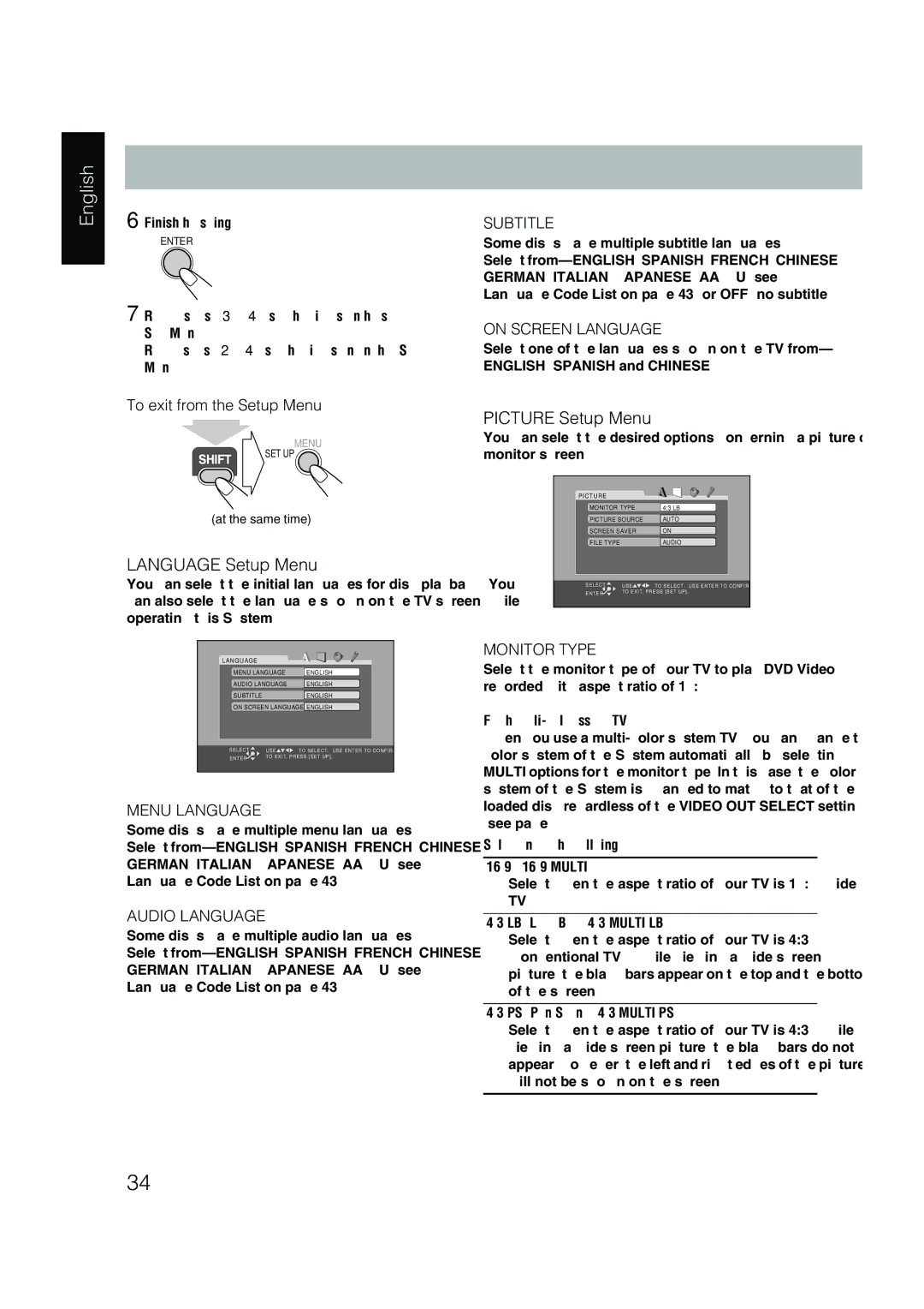 JVC UX-P450 manual Language Setup Menu 