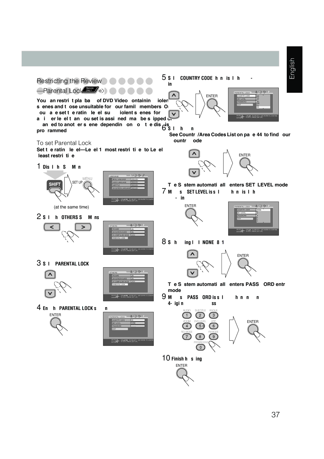 JVC UX-P450 manual Parental Lock Country Code Grgr SET Level ONE Password Exit 