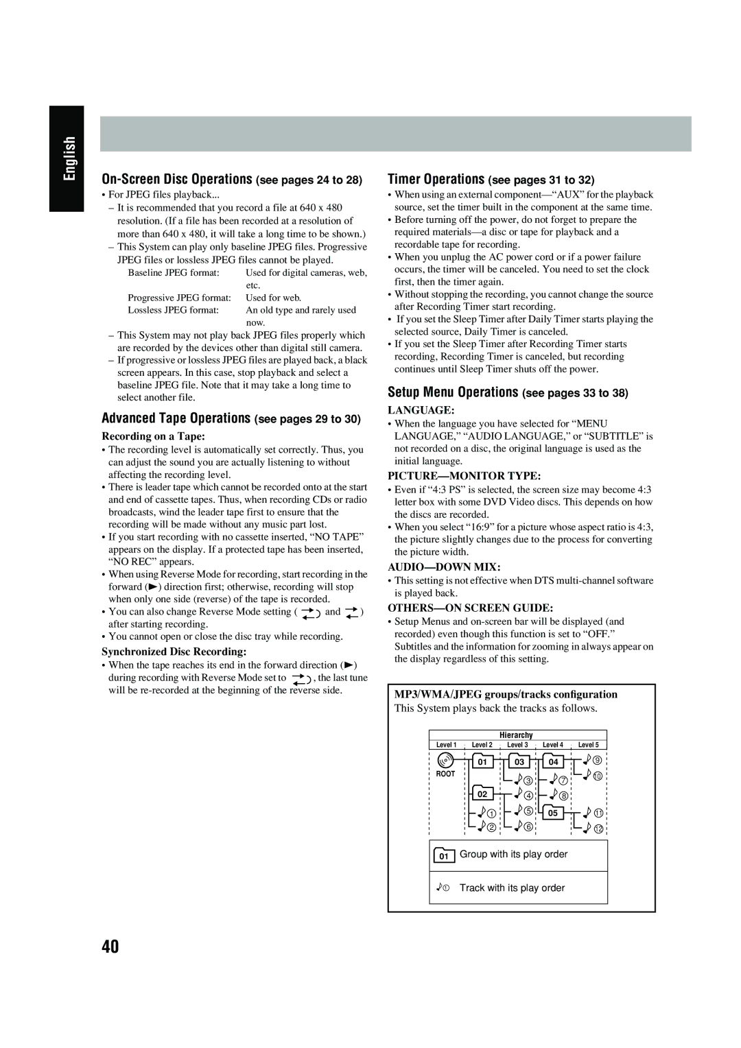 JVC UX-P450 manual Setup Menu Operations see pages 33 to 