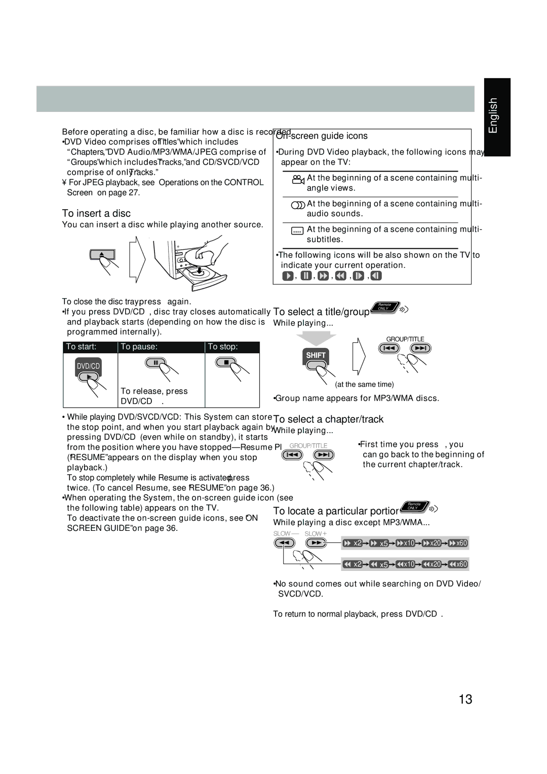 JVC UX-P450 manual To insert a disc, To select a chapter/track, For Jpeg playback, see Operations on the Control Screen on 