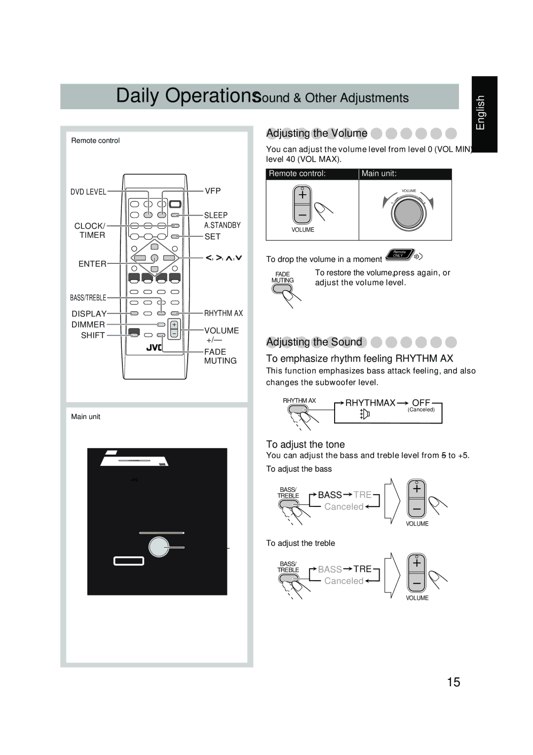 JVC UX-P450 manual Adjusting the Volume, Adjusting the Sound, To emphasize rhythm feeling-RHYTHM AX, To adjust the tone 