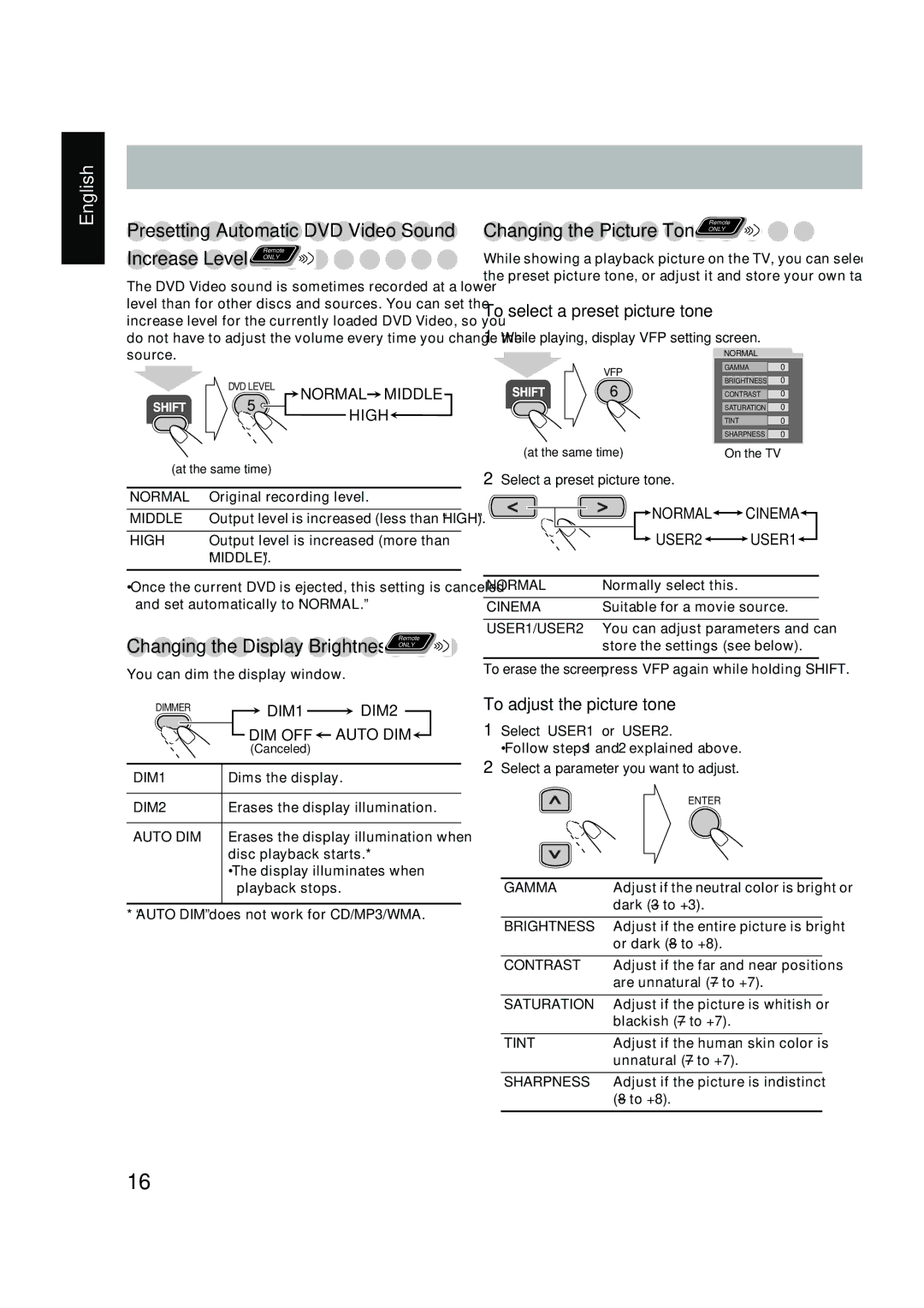 JVC UX-P450 manual Presetting Automatic DVD Video Sound, To select a preset picture tone, Changing the Display Brightness 