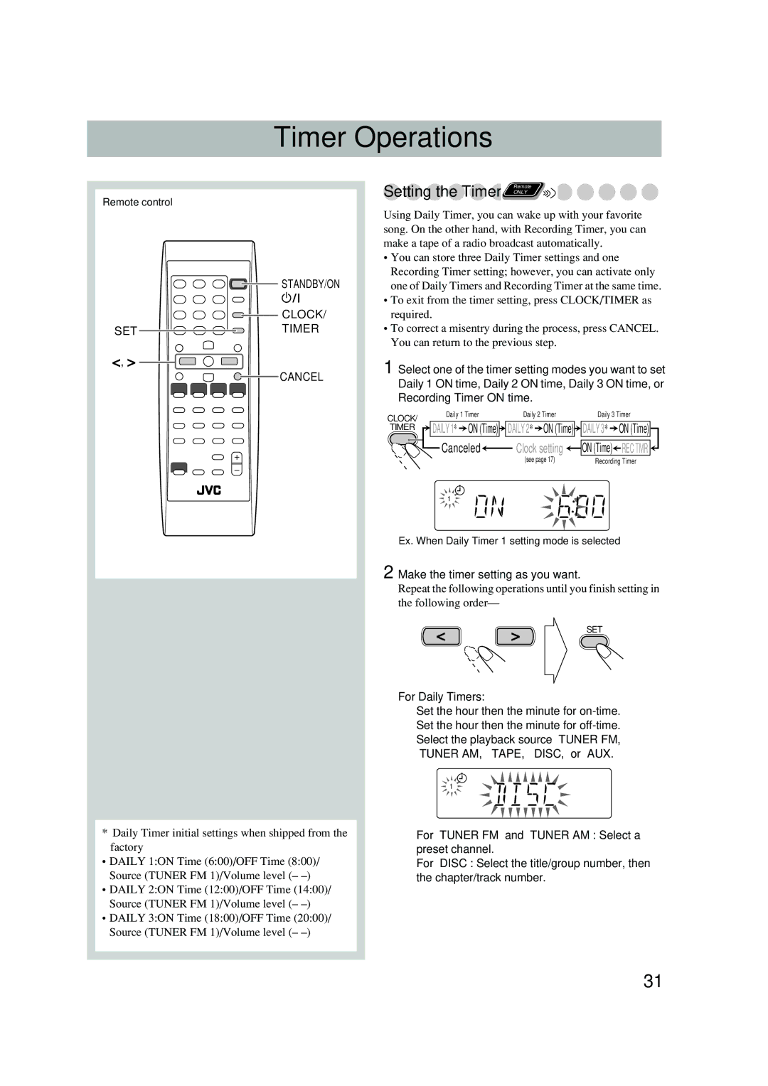 JVC UX-P450 manual Timer Operations 