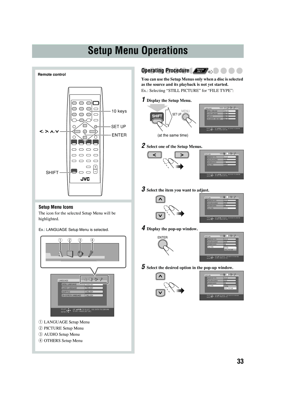 JVC UX-P450 manual Setup Menu Operations 