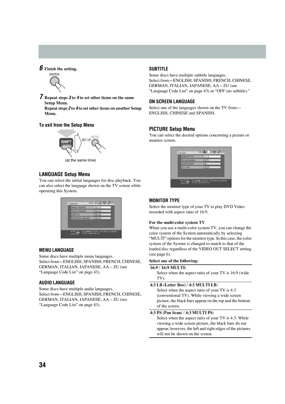 JVC UX-P450 manual Language Setup Menu 