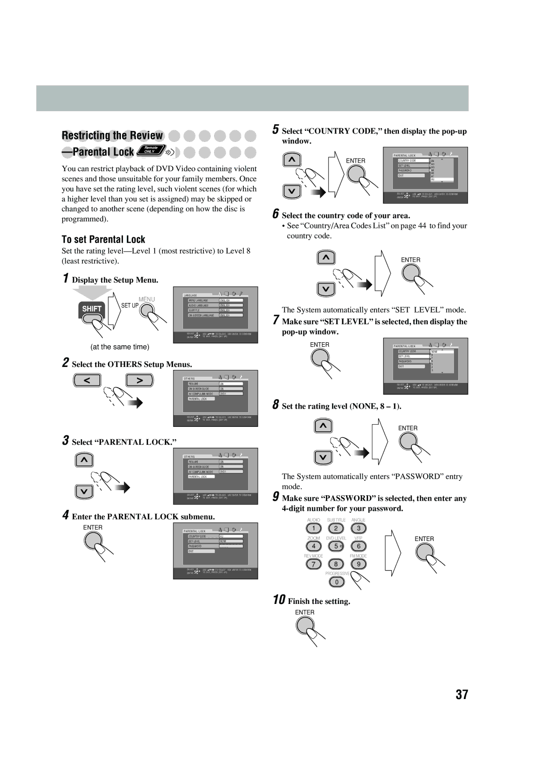 JVC UX-P450 manual Parental Lock Country Code Auan SET Level ONE Password Exit 