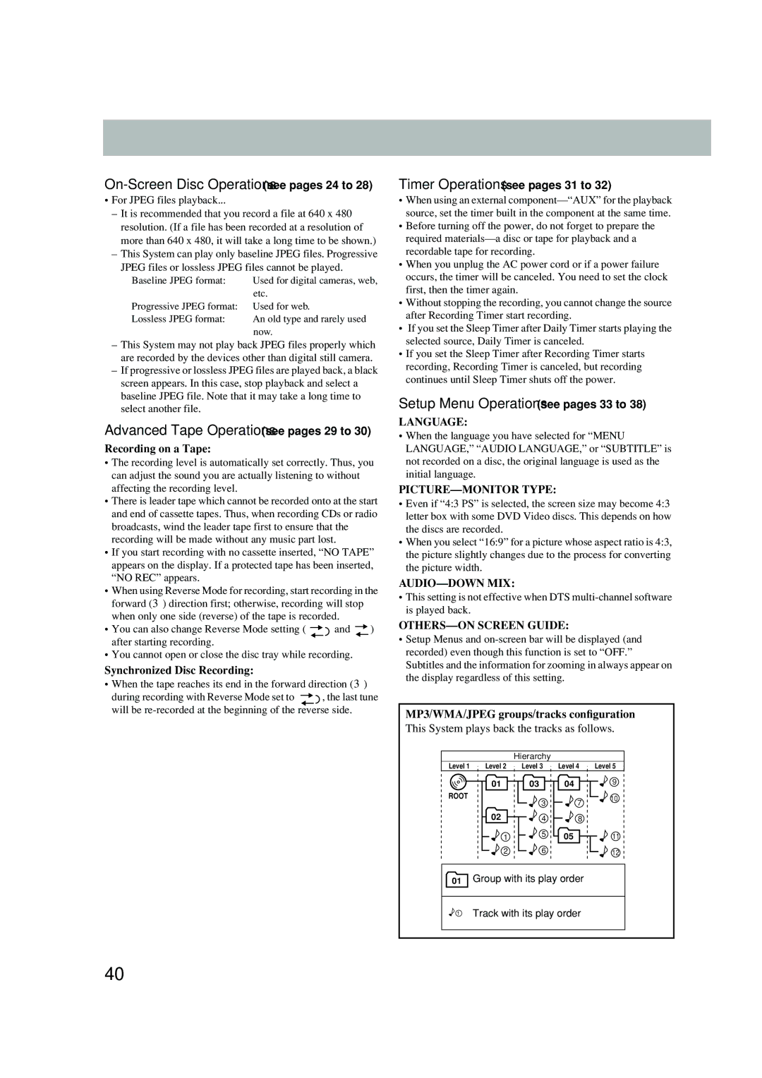 JVC UX-P450 manual Setup Menu Operations see pages 33 to 