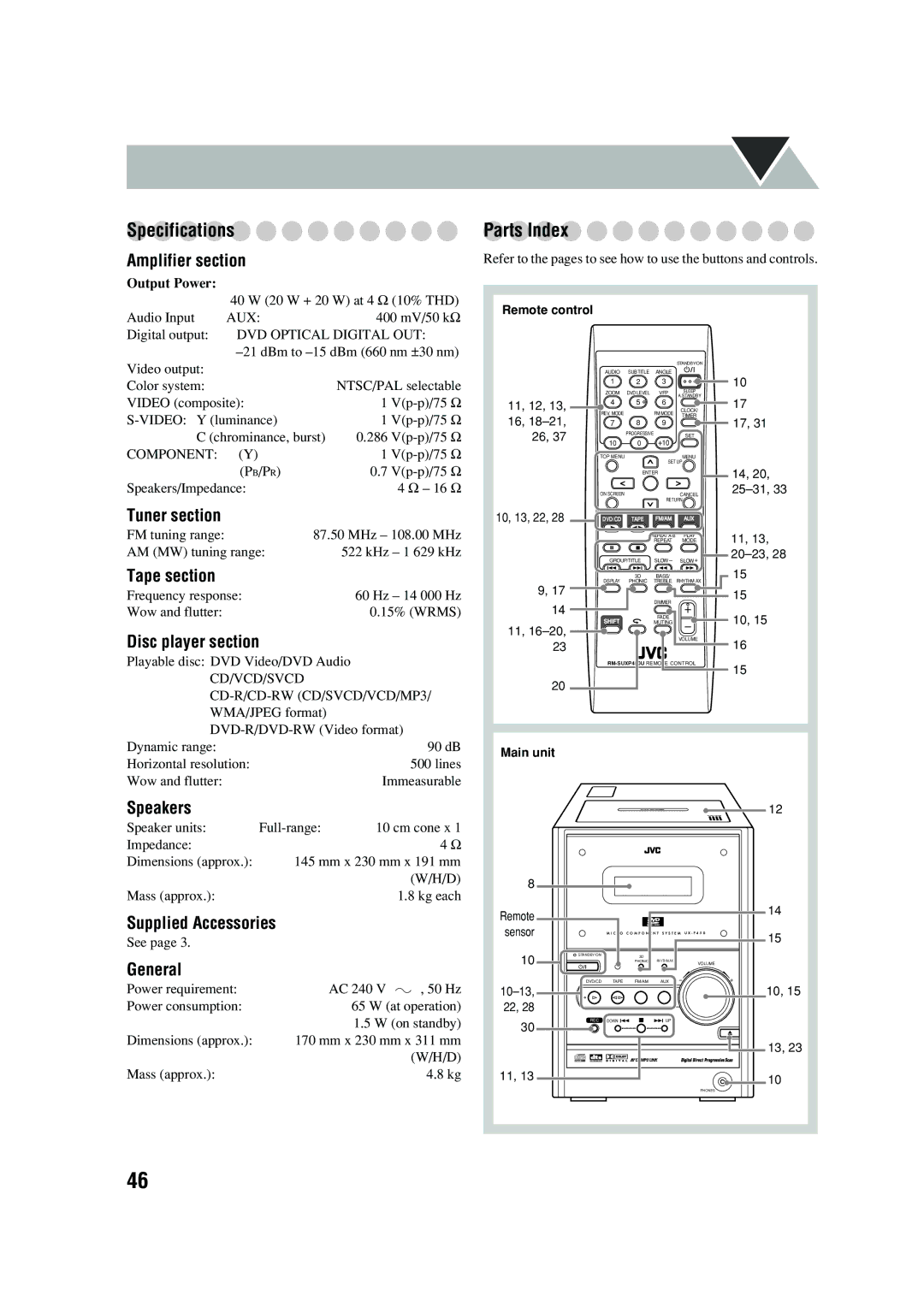 JVC UX-P450 manual AM MW tuning range KHz 1 629 kHz 