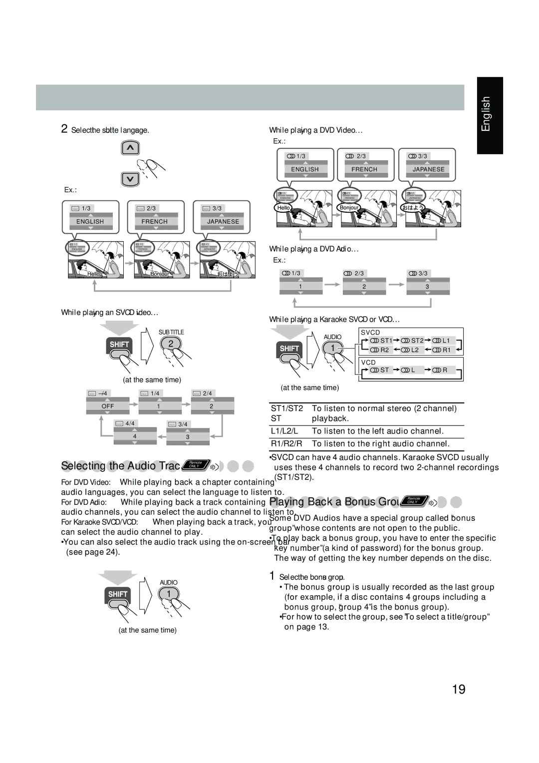 JVC UX-P450 Select the subtitle language, While playing a DVD Video, While playing a DVD Audio While playing an Svcd video 