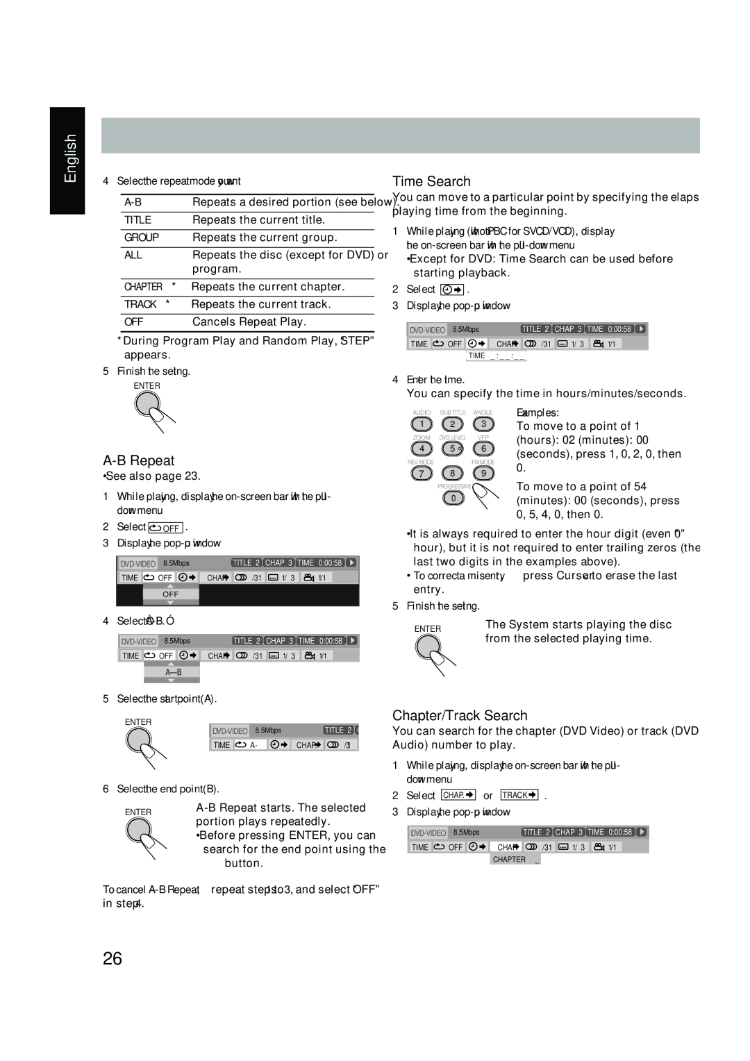 JVC UX-P450 manual Time Search, Chapter/Track Search 