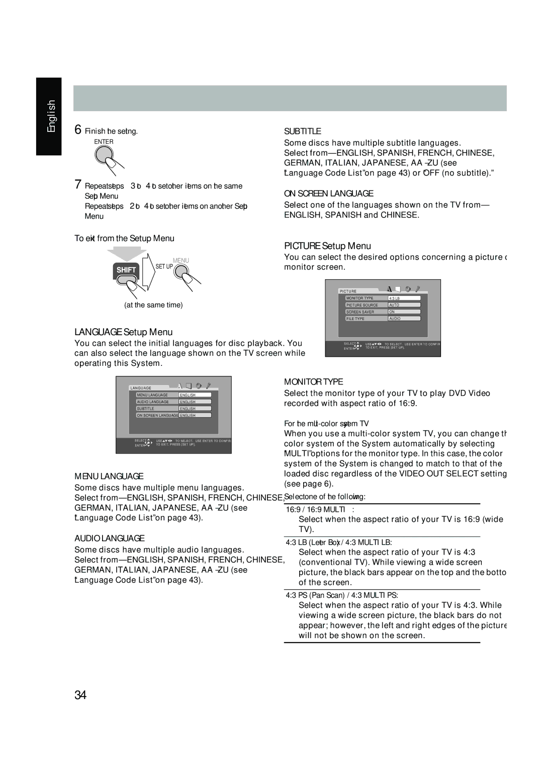 JVC UX-P450 manual Language Setup Menu, Picture Setup Menu 