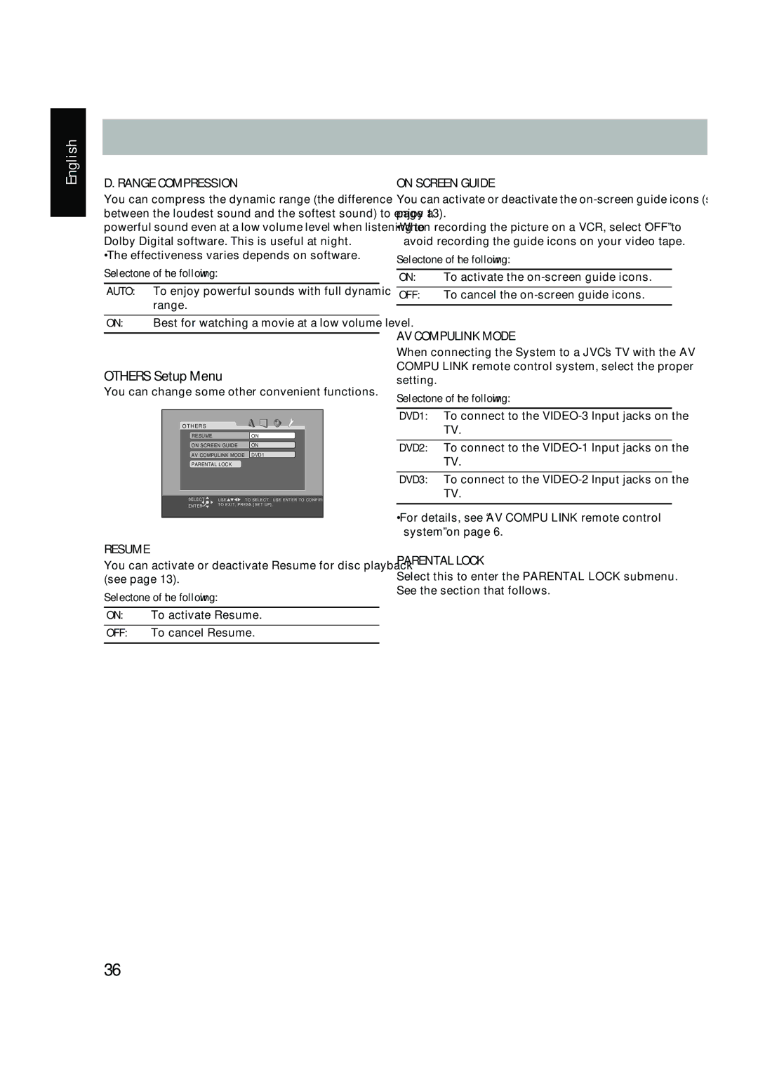 JVC UX-P450 manual Others Setup Menu, Range Compression 