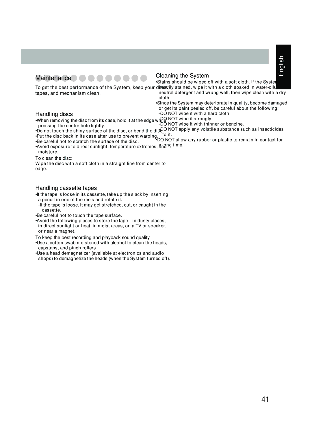 JVC UX-P450 manual Maintenance, Handling discs, Cleaning the System, Handling cassette tapes 