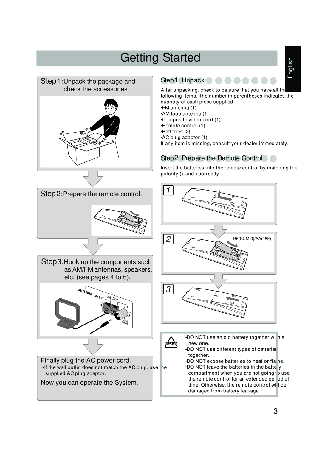 JVC UX-P450 manual Unpack, Prepare the Remote Control 