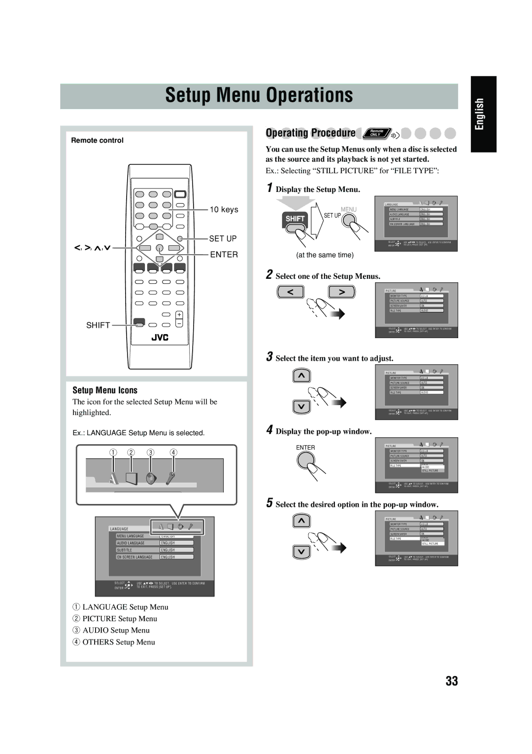 JVC UX-P450 manual Setup Menu Operations 