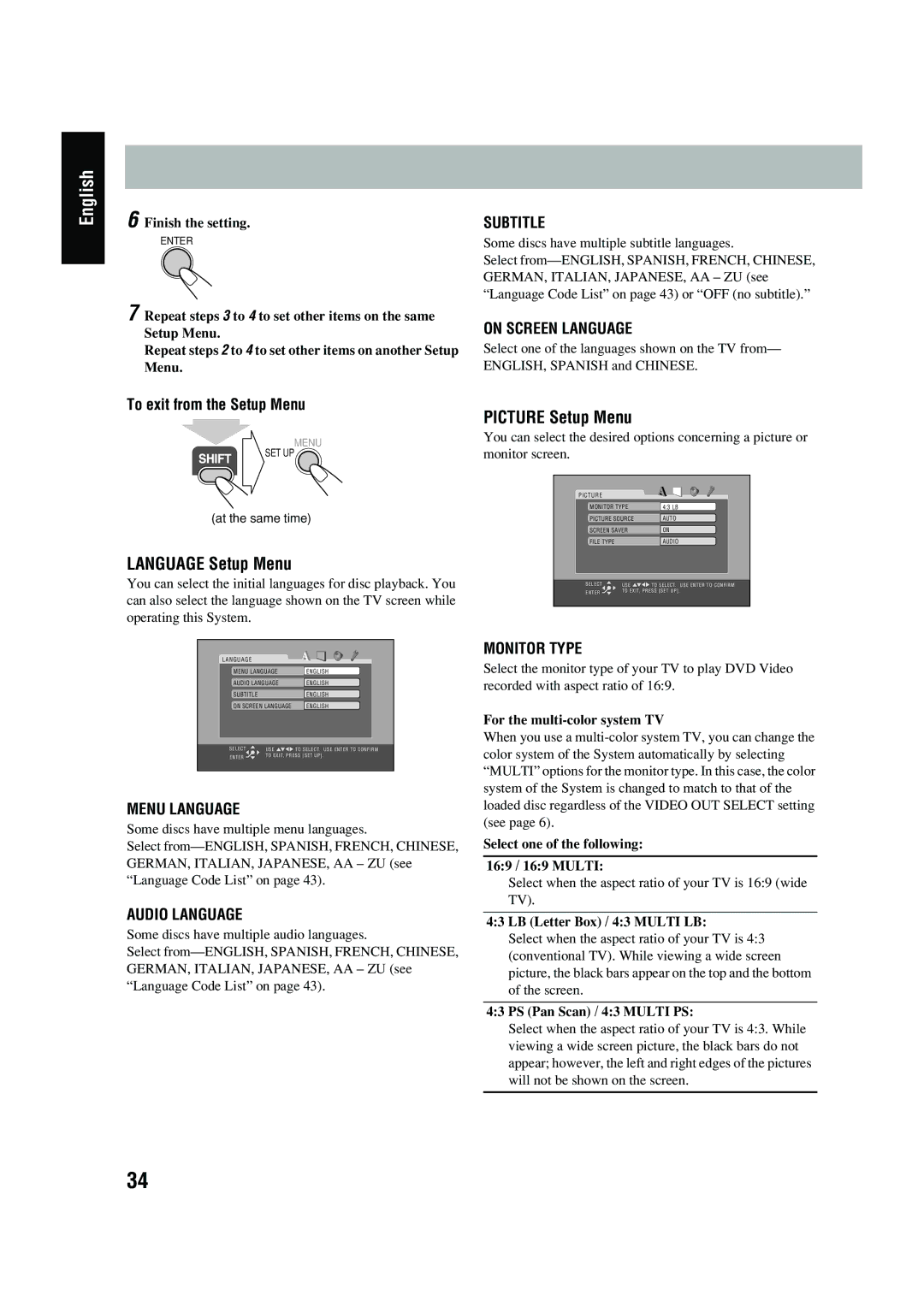 JVC UX-P450 manual Language Setup Menu 