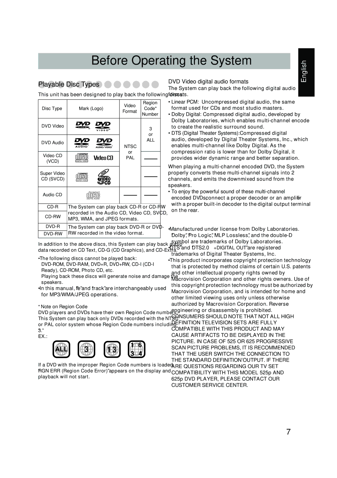 JVC UX-P450 manual Before Operating the System, Playable Disc Types 