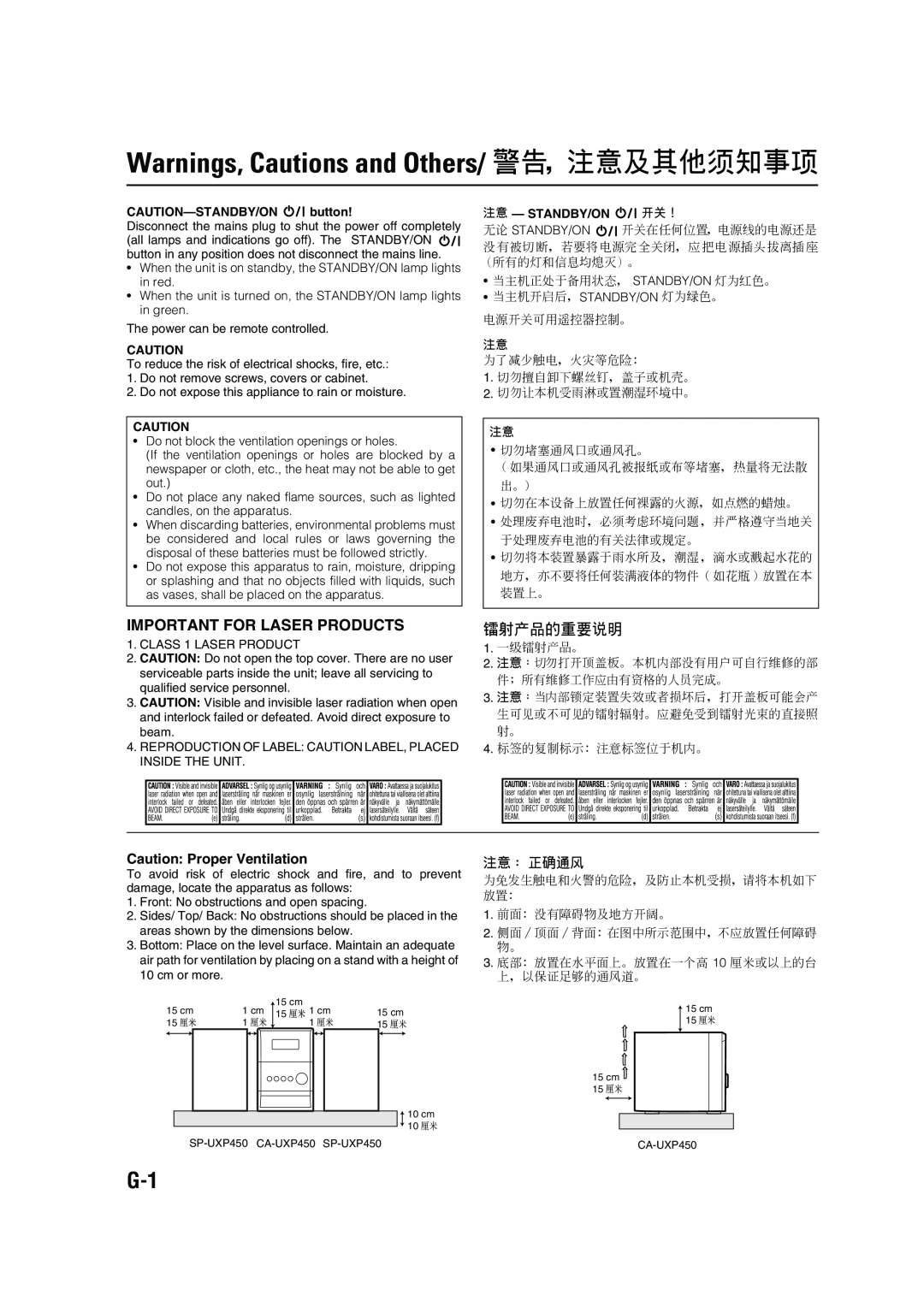 JVC UX-P450 manual Warnings, Cautions and Others/ 警告，注意及其他須知事項, Important For Laser Products, 鐳射產品的重要說明, 注意 : 正确通風 