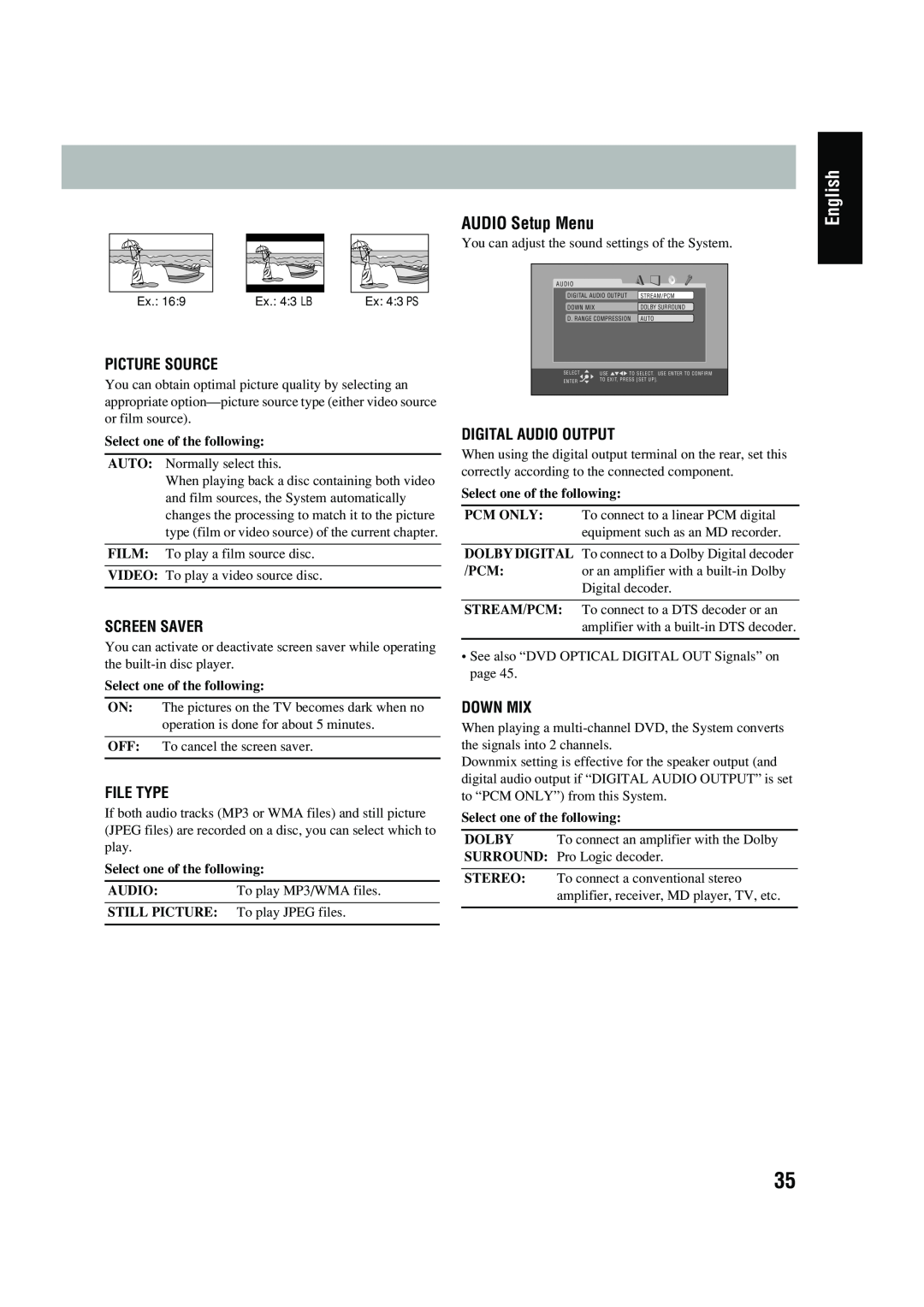 JVC UX-P450 manual English, AUDIO Setup Menu, Picture Source, Screen Saver, File Type, Digital Audio Output, Down Mix 