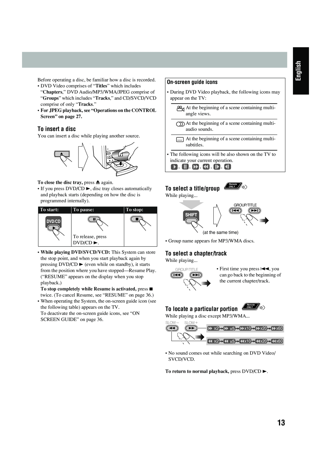JVC UX-P450 manual To insert a disc, To select a chapter/track, On-screenguide icons, To select a title/group, English 