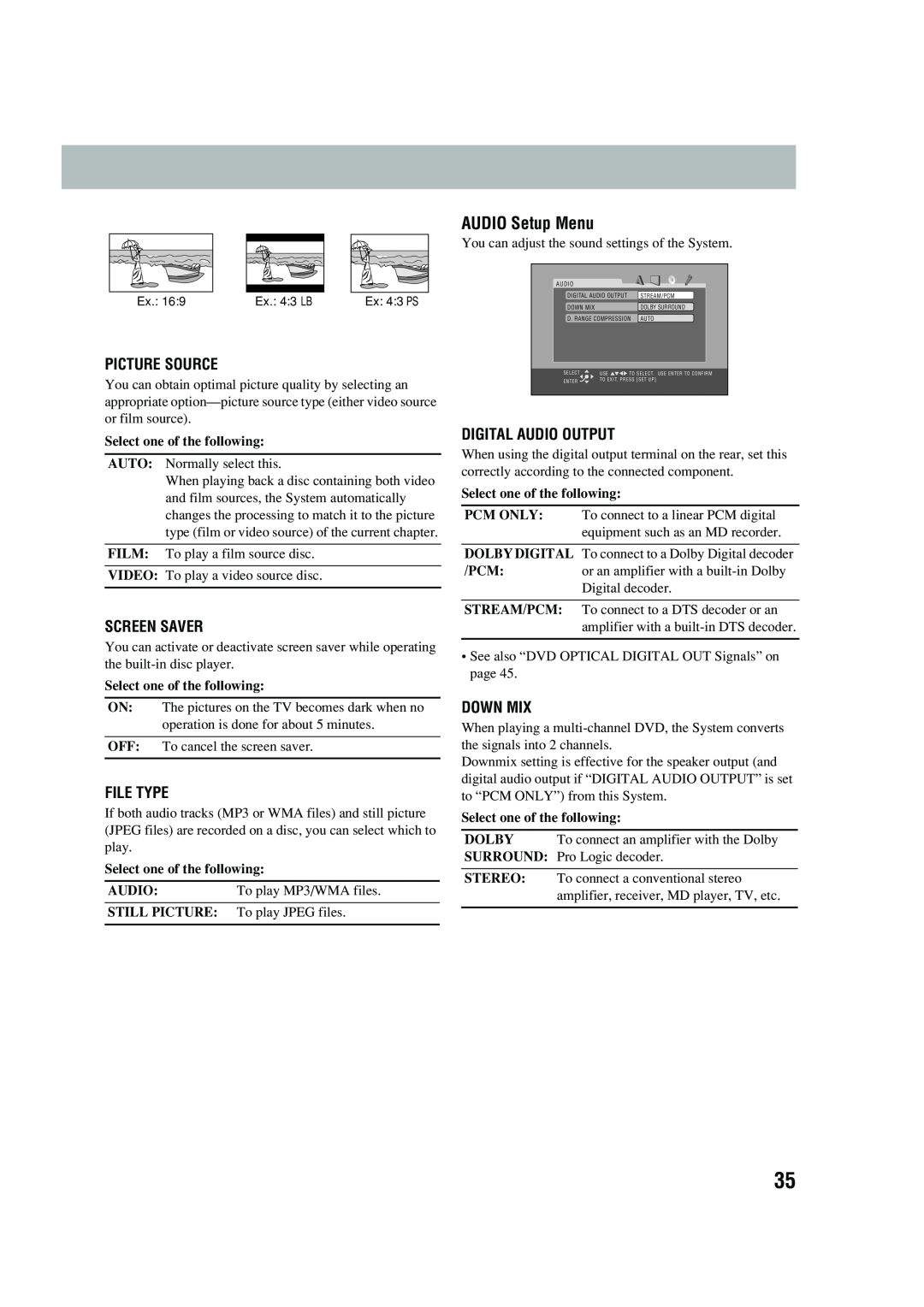 JVC UX-P450 manual AUDIO Setup Menu, Picture Source, Screen Saver, File Type, Digital Audio Output, Down Mix 