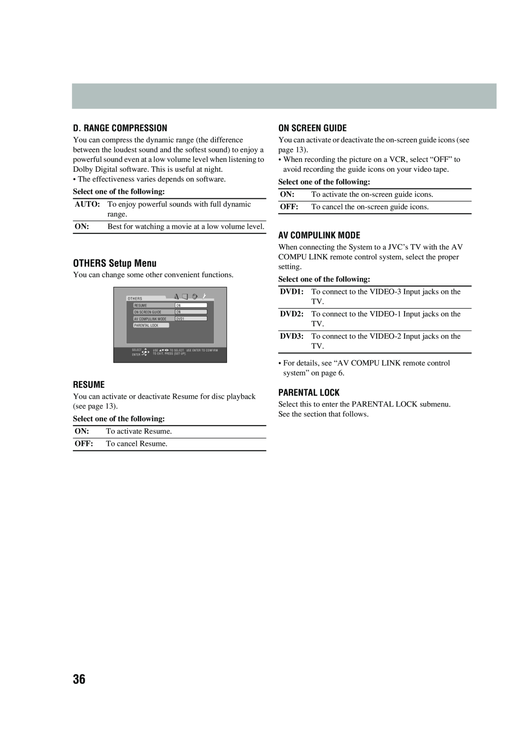 JVC UX-P450 manual OTHERS Setup Menu, D. Range Compression, Resume, On Screen Guide, Av Compulink Mode, Parental Lock 