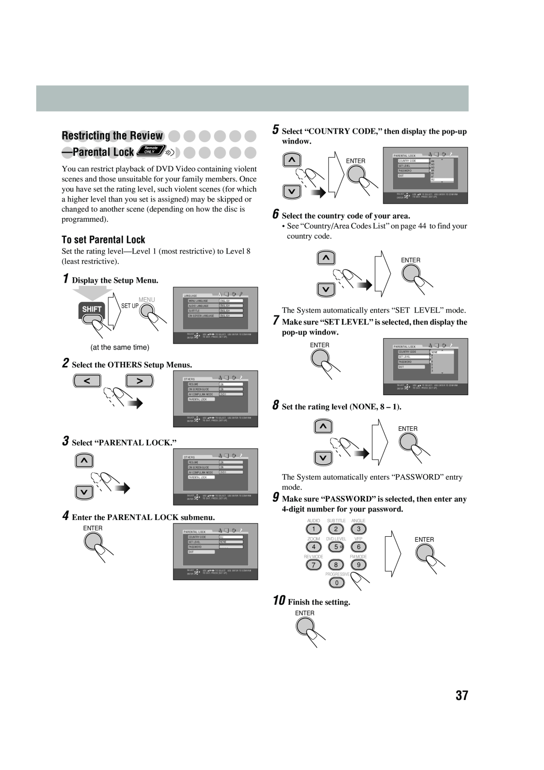 JVC UX-P450 Restricting the Review, ParentalLock ONLY, To set Parental Lock, Display the Setup Menu, Finish the setting 