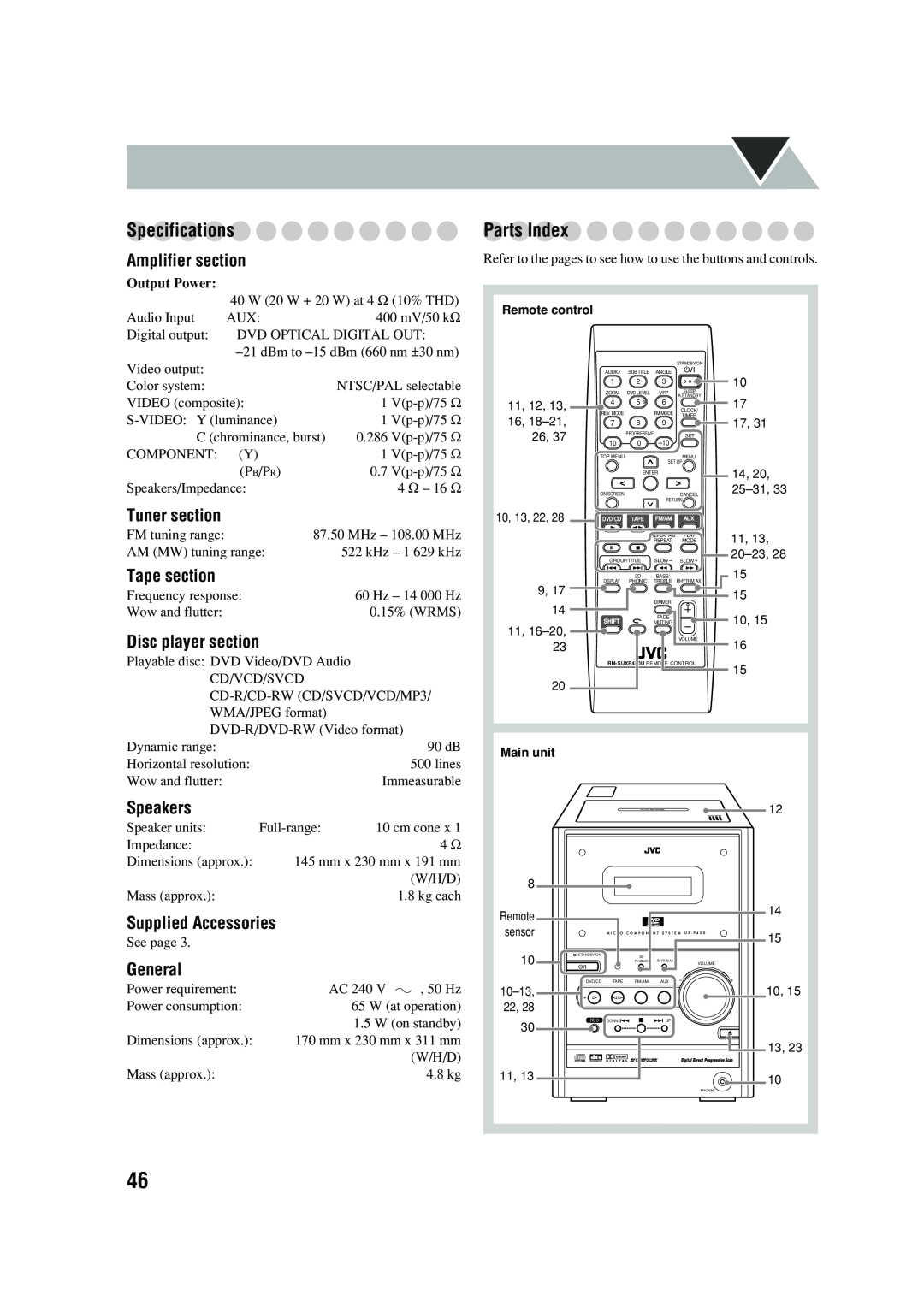 JVC UX-P450 Specifications, Parts Index, Amplifier section, Tuner section, Tape section, Disc player section, Speakers 