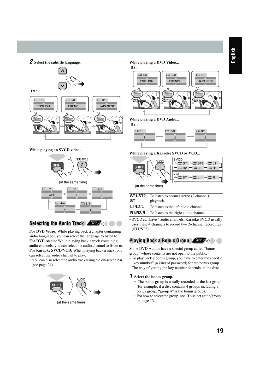 JVC UX-P450 manual Playing Back a Bonus Group, Selecting the Audio Track, English, Select the subtitle language 