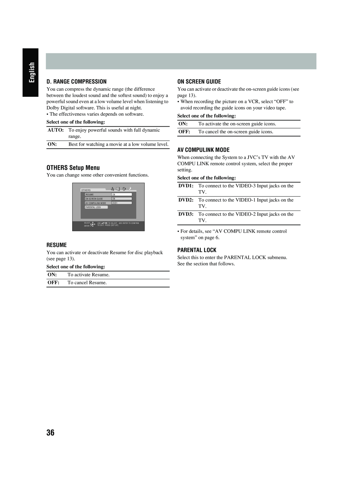 JVC UX-P450 OTHERS Setup Menu, D. Range Compression, Resume, On Screen Guide, Av Compulink Mode, Parental Lock, English 