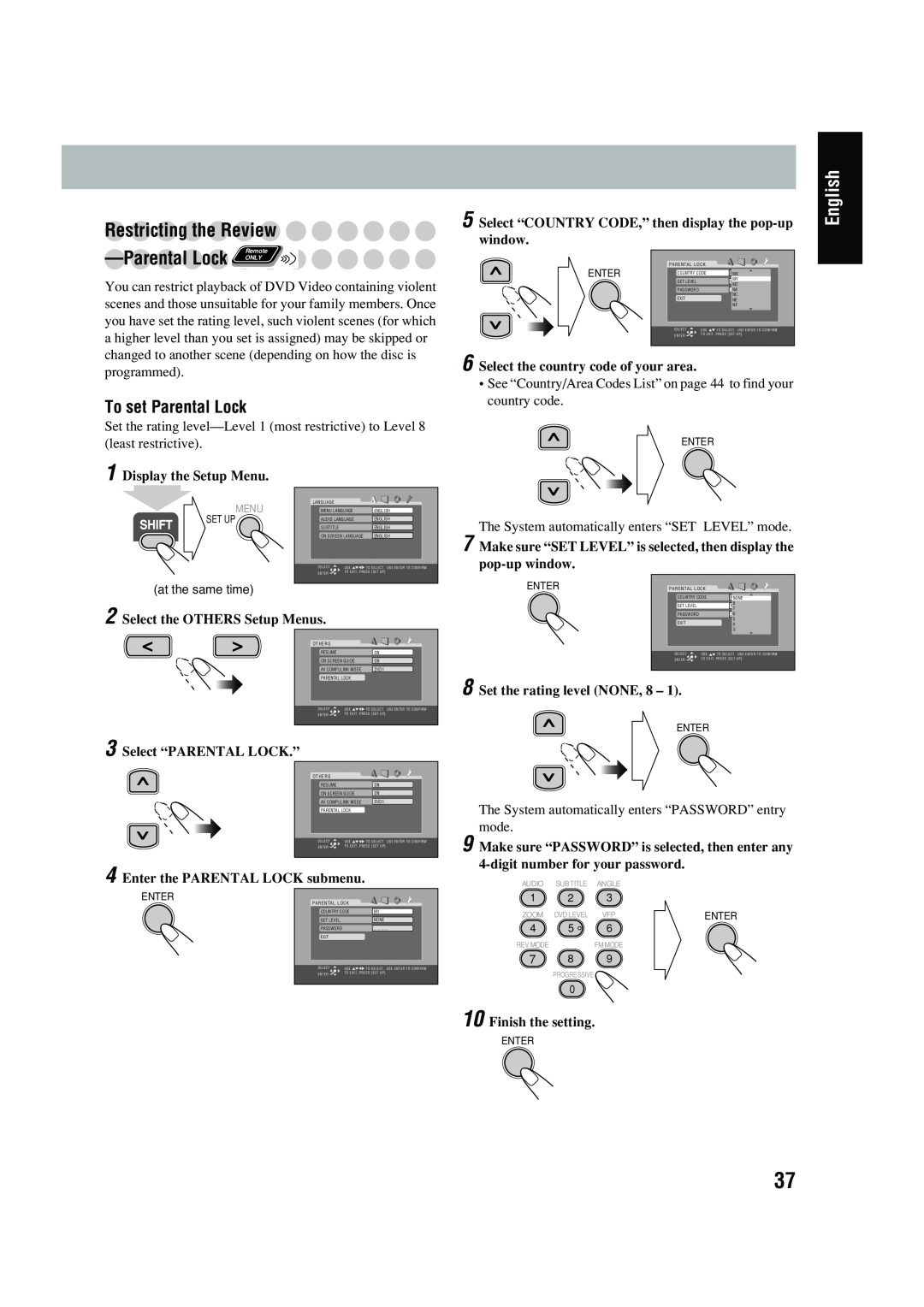 JVC UX-P450 manual Restricting the Review, ParentalLock ONLY, To set Parental Lock, English, Display the Setup Menu 