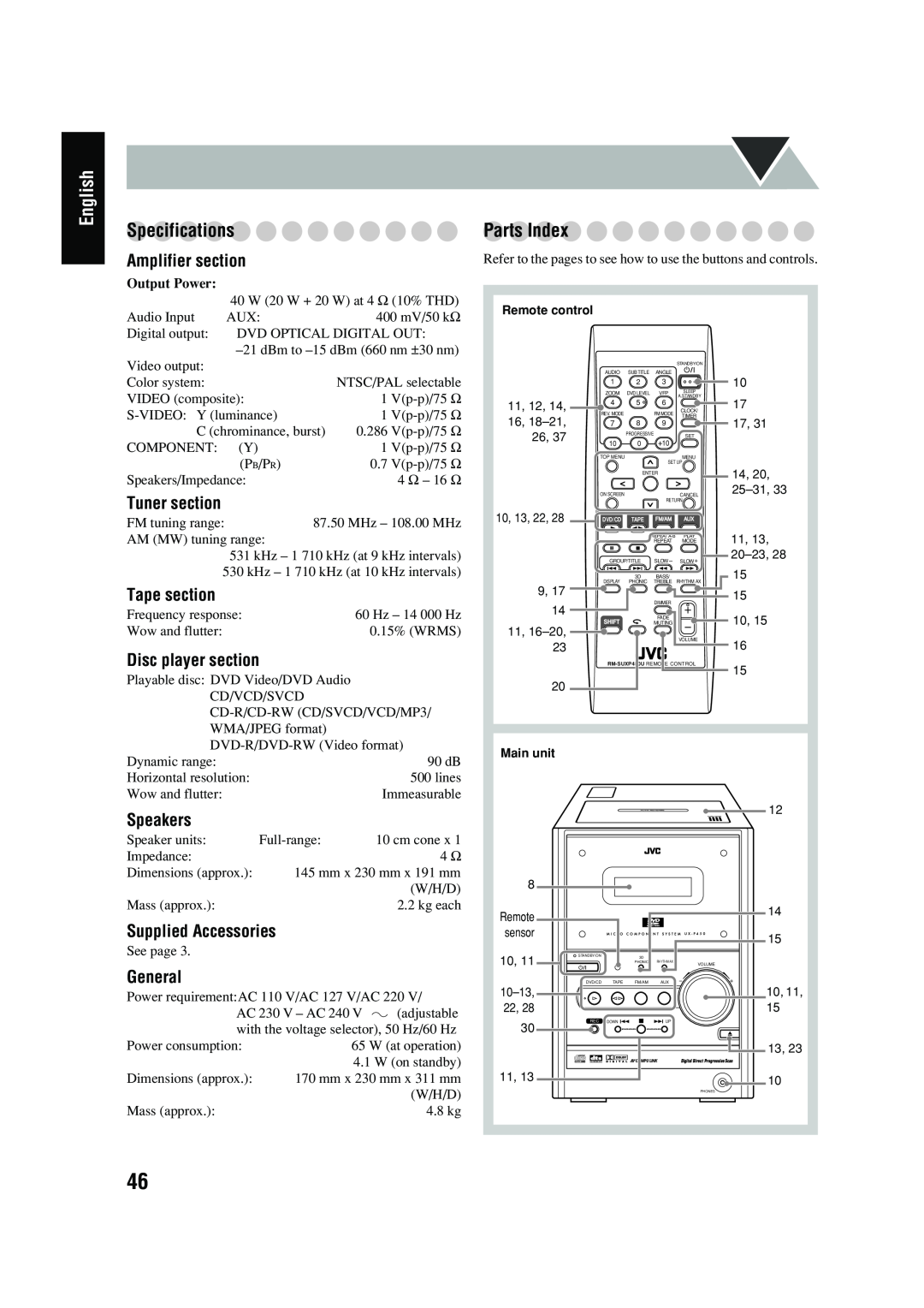 JVC UX-P450 Specifications, Parts Index, Amplifier section, Tuner section, Tape section, Disc player section, Speakers 