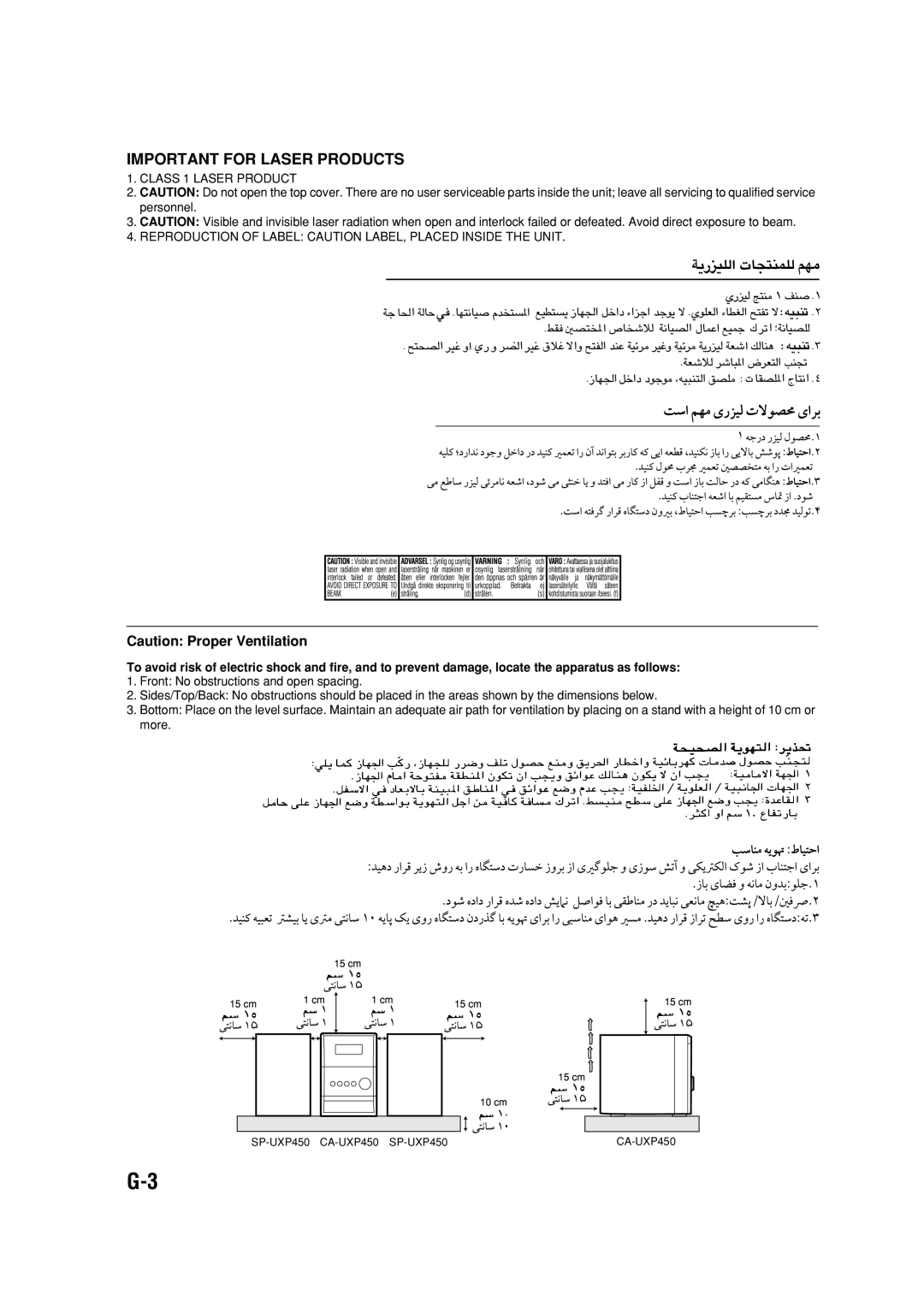 JVC UX-P450 manual Important For Laser Products, Caution: Proper Ventilation 