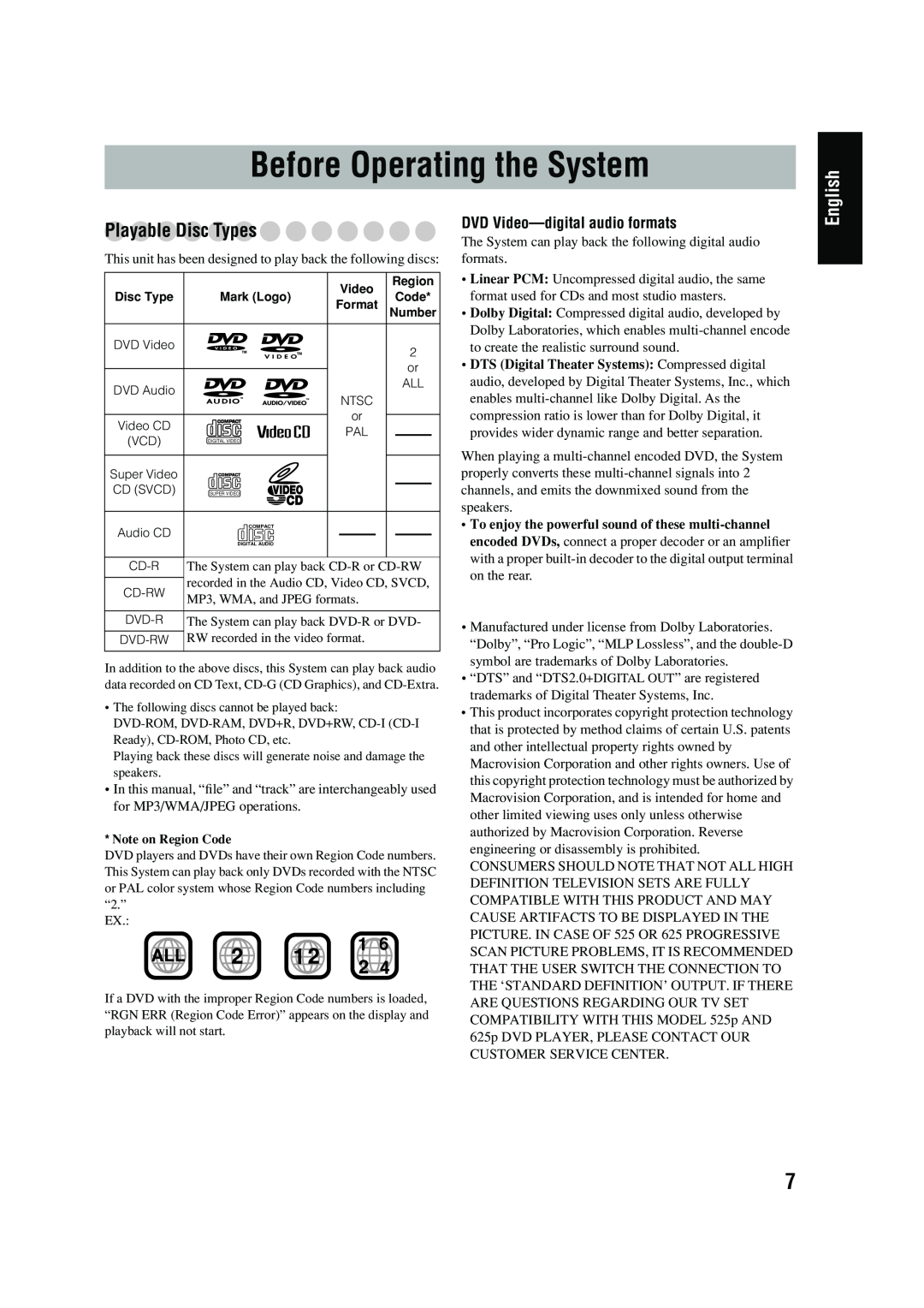 JVC UX-P450 Before Operating the System, English, Playable Disc Types, DVD Video-digitalaudio formats, Mark Logo, Ntsc 