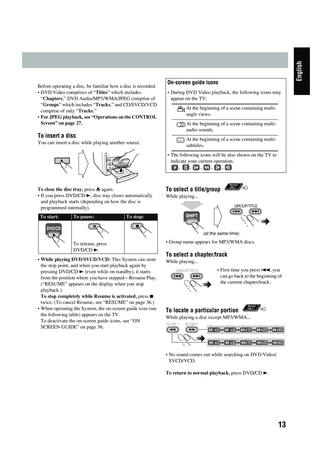 JVC UX-P450 manual English, To insert a disc, To select a chapter/track, On-screenguide icons, To select a title/group 