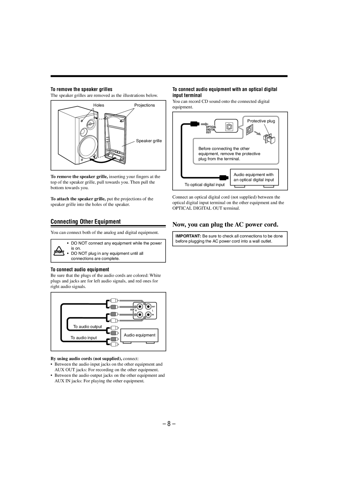 JVC UX-P55 manual Connecting Other Equipment, To remove the speaker grilles, To connect audio equipment 