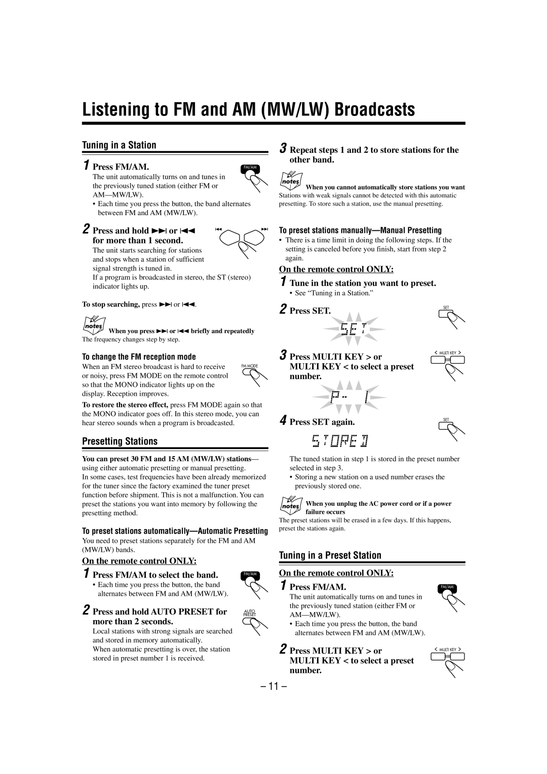 JVC UX-P55 Listening to FM and AM MW/LW Broadcasts, Tuning in a Station, Presetting Stations, Tuning in a Preset Station 